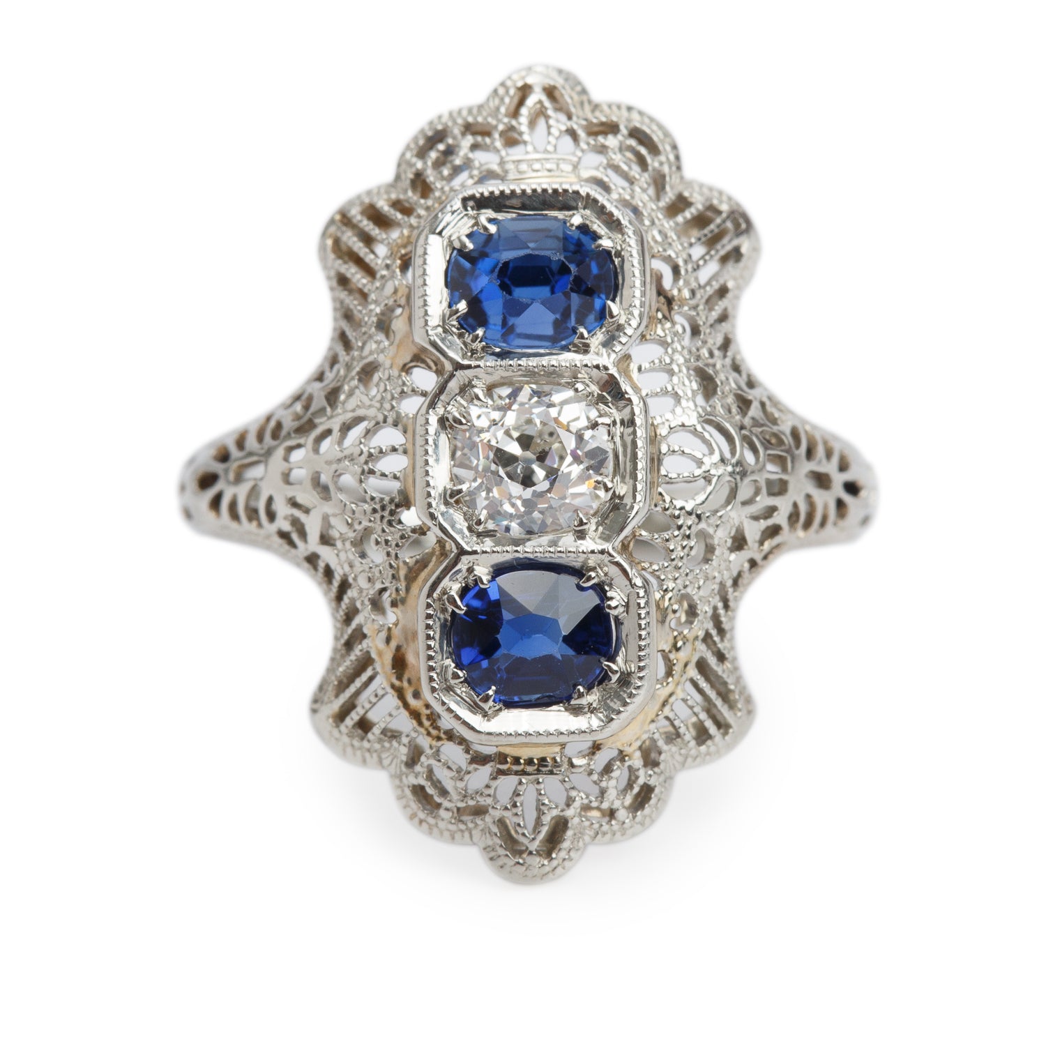 Antique 18k White Gold Sapphire & Diamond Filigree Ring, Size 3