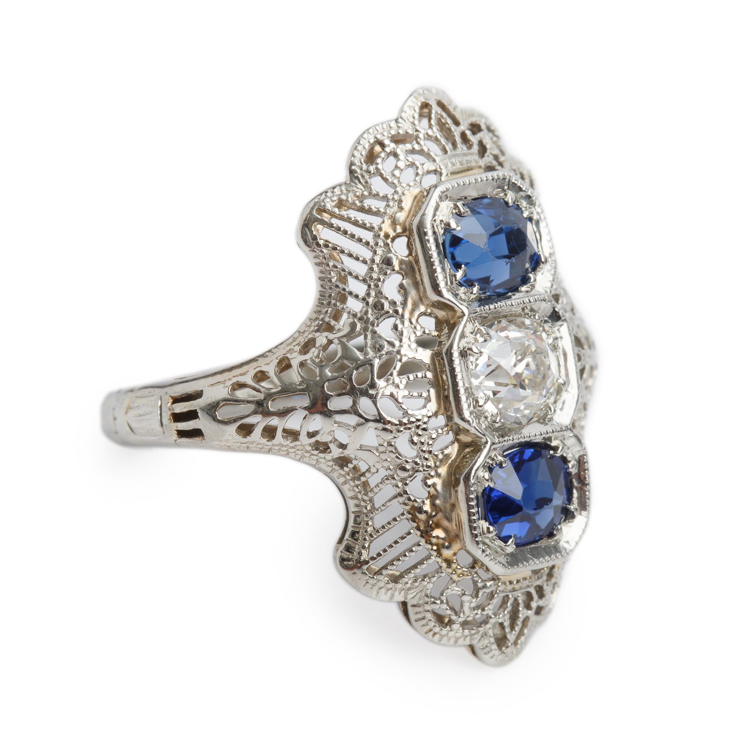 Antique 18k White Gold Sapphire & Diamond Filigree Ring, Size 3