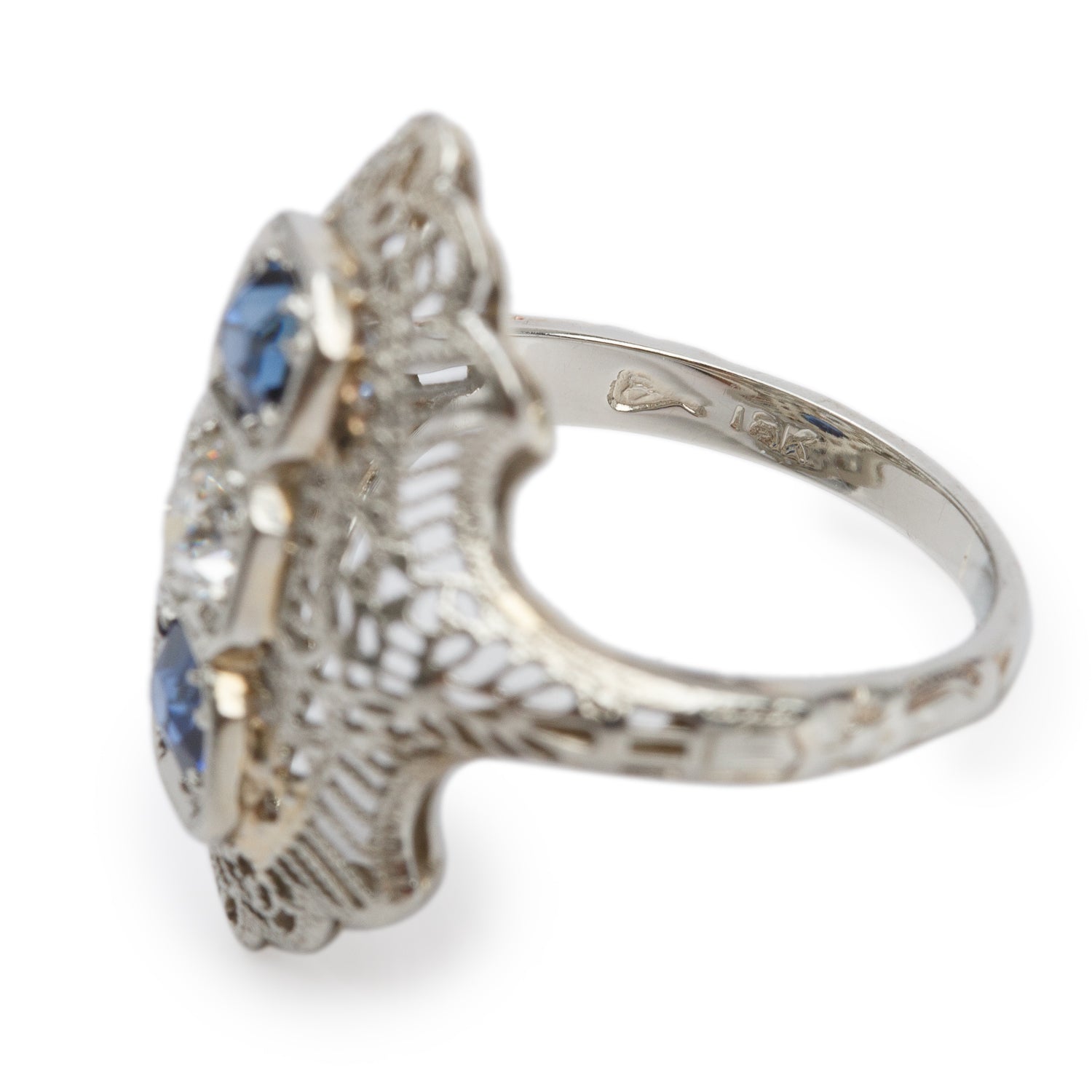 Antique 18k White Gold Sapphire & Diamond Filigree Ring, Size 3