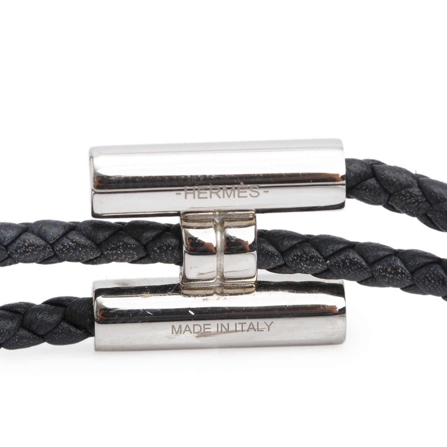 Hermes Palladium Plated Black Calfskin Leather Tournis Tresse Bracelet w/ Box