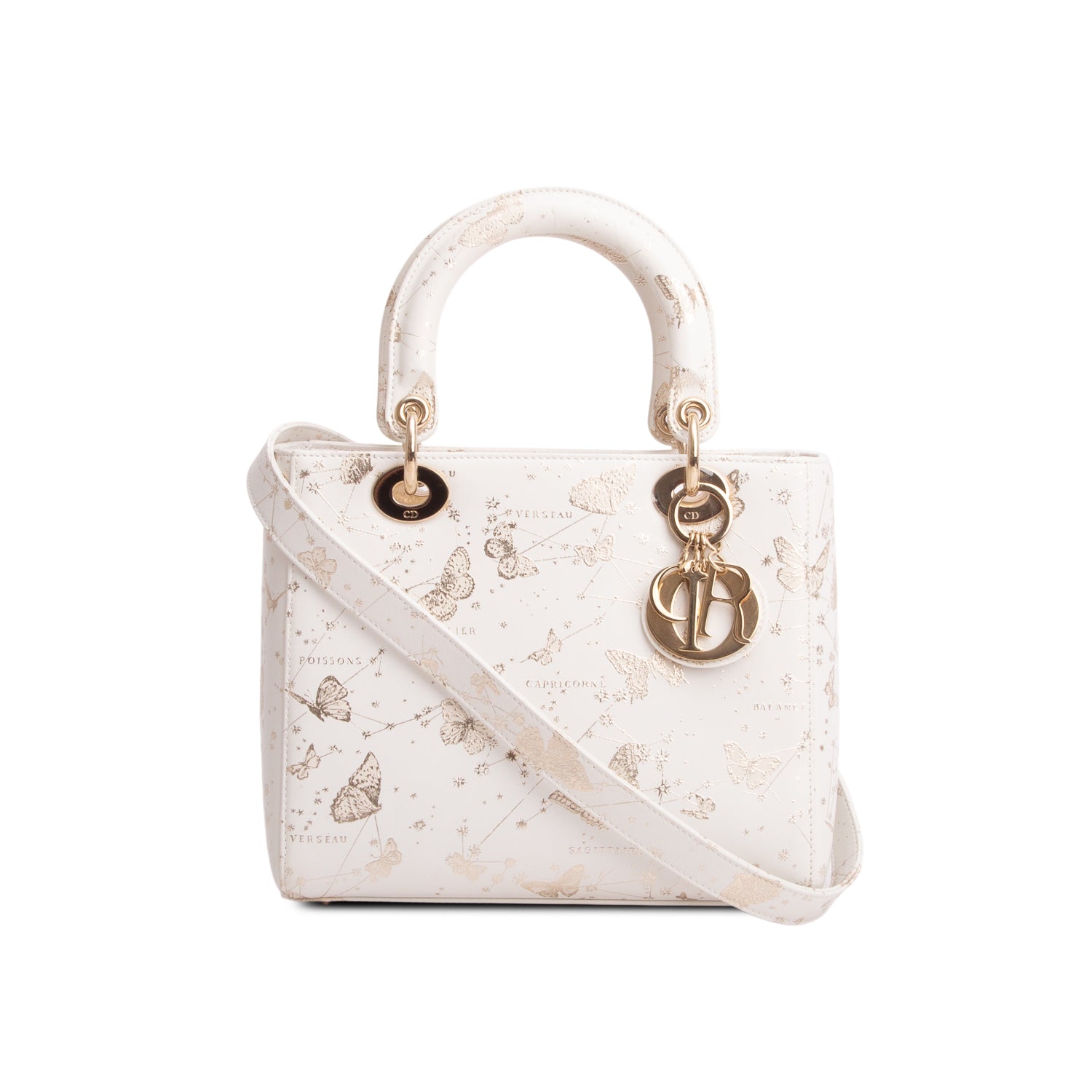 Christian Dior 2023 White Calfskin Butterfly Zodiac Print Medium Lady Dior w/ Strap & Authenticity Card