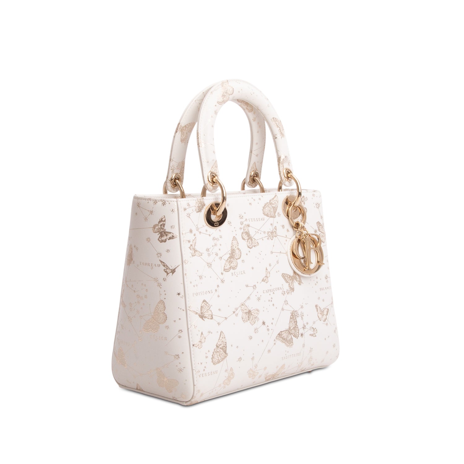 Christian Dior 2023 White Calfskin Butterfly Zodiac Print Medium Lady Dior w/ Strap & Authenticity Card