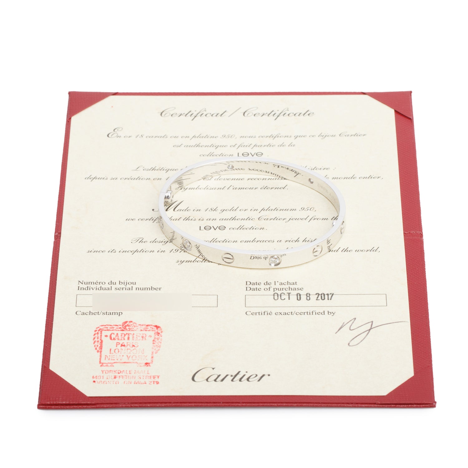 Cartier 18k White Gold Love Bracelet with 4 Diamonds, Classic Model Size 18 w/ Box & Certificate