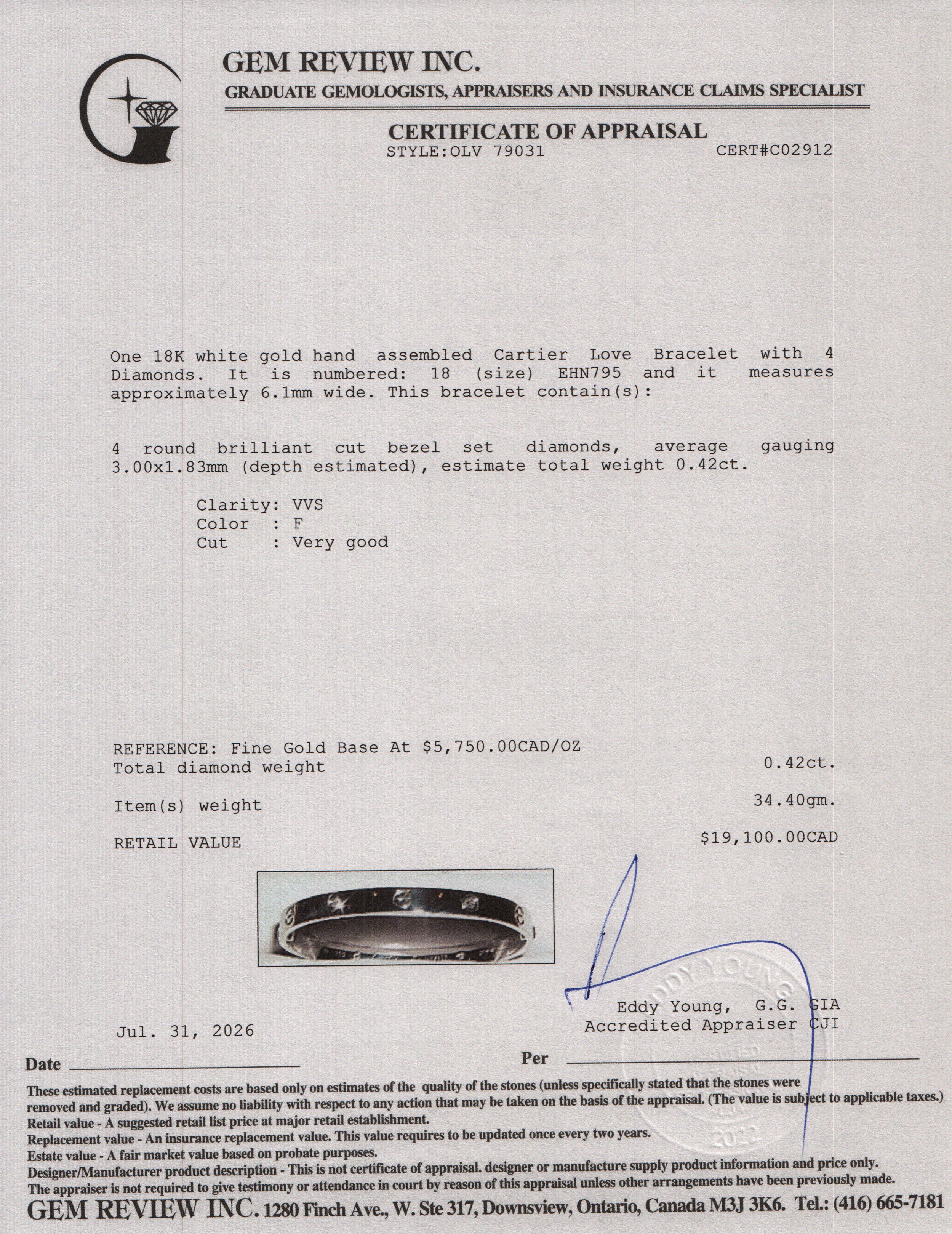 Cartier 18k White Gold Love Bracelet with 4 Diamonds, Classic Model Size 18 w/ Box & Certificate