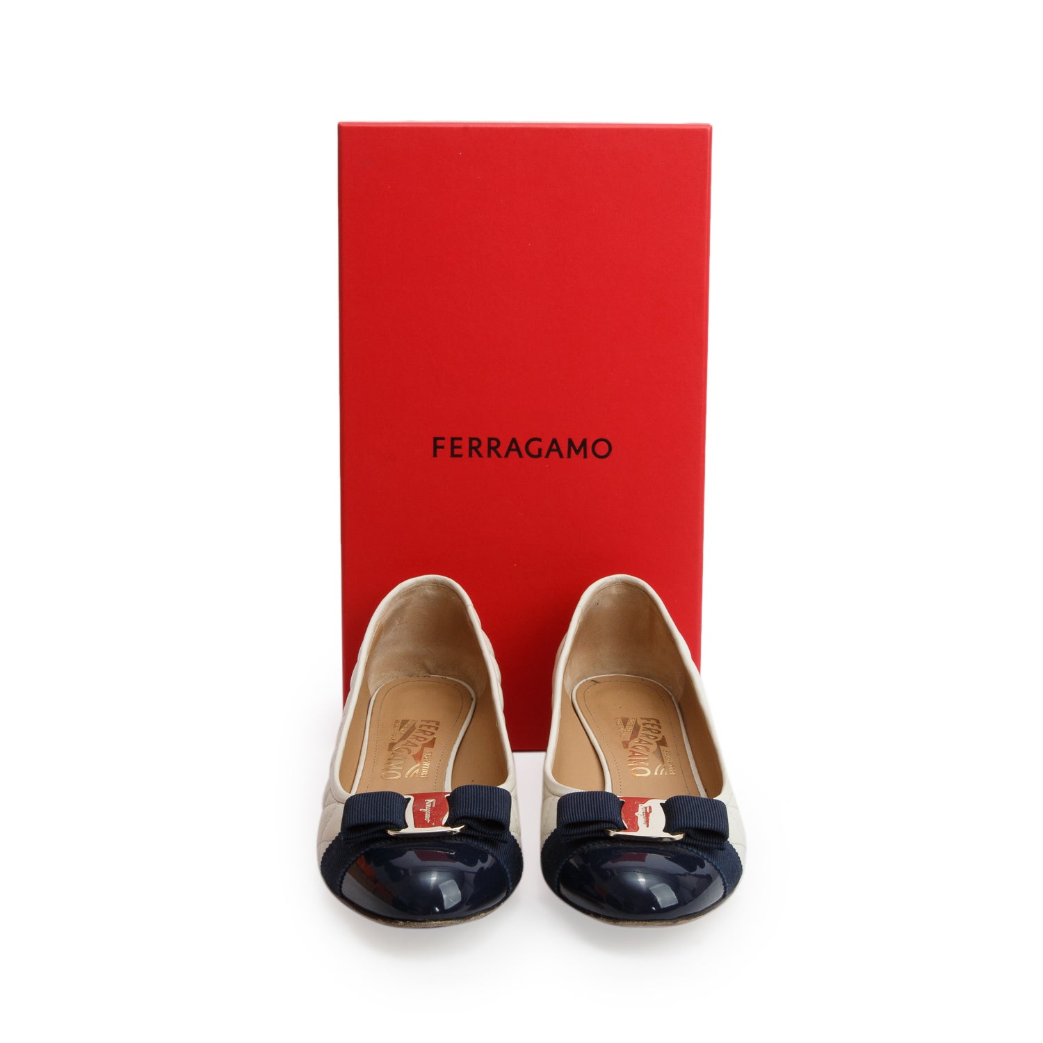 Ferragamo Cream/Navy Lambskin Quilted Vara Pumps, Women's Size 9 w/ Box