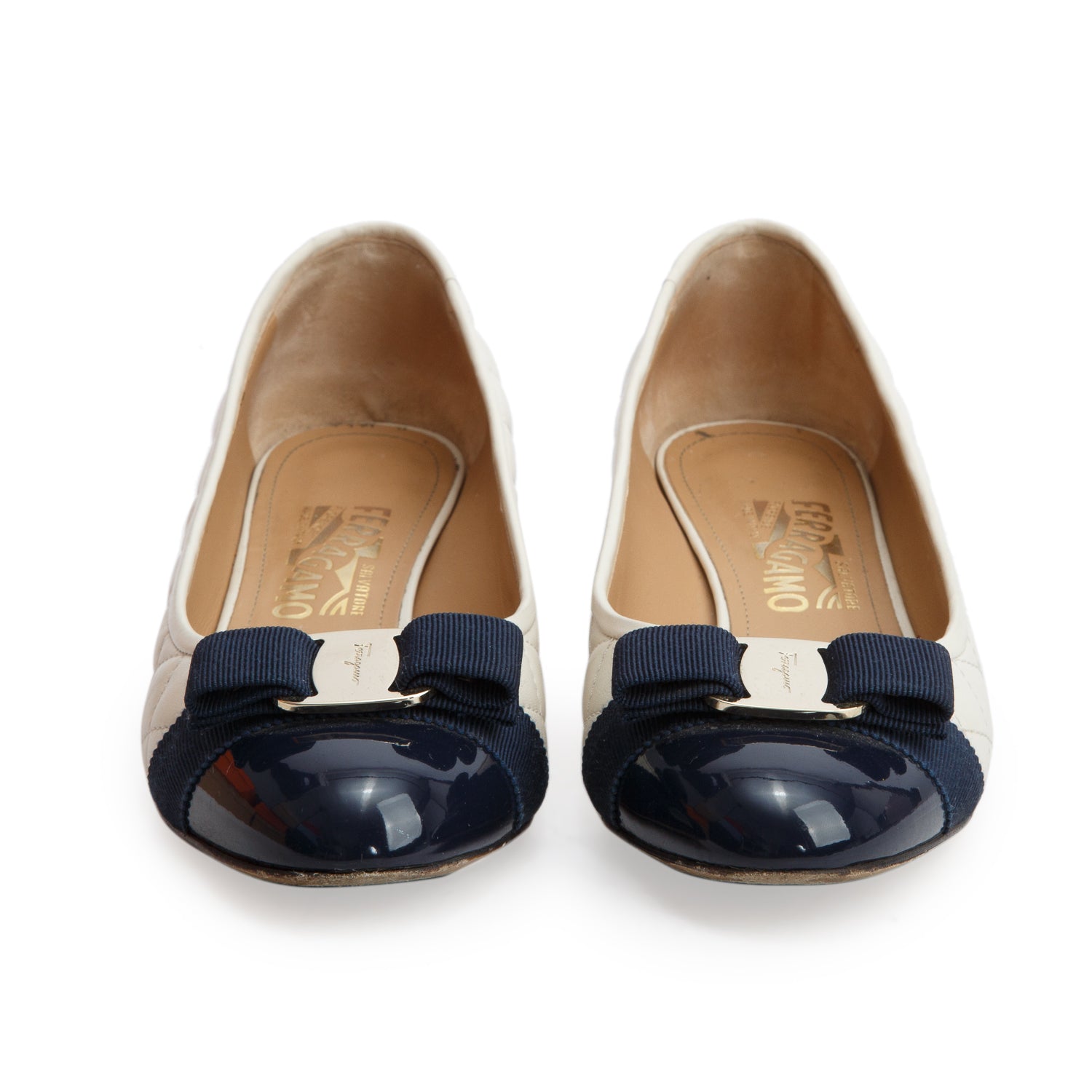 Ferragamo Cream/Navy Lambskin Quilted Vara Pumps, Women's Size 9 w/ Box