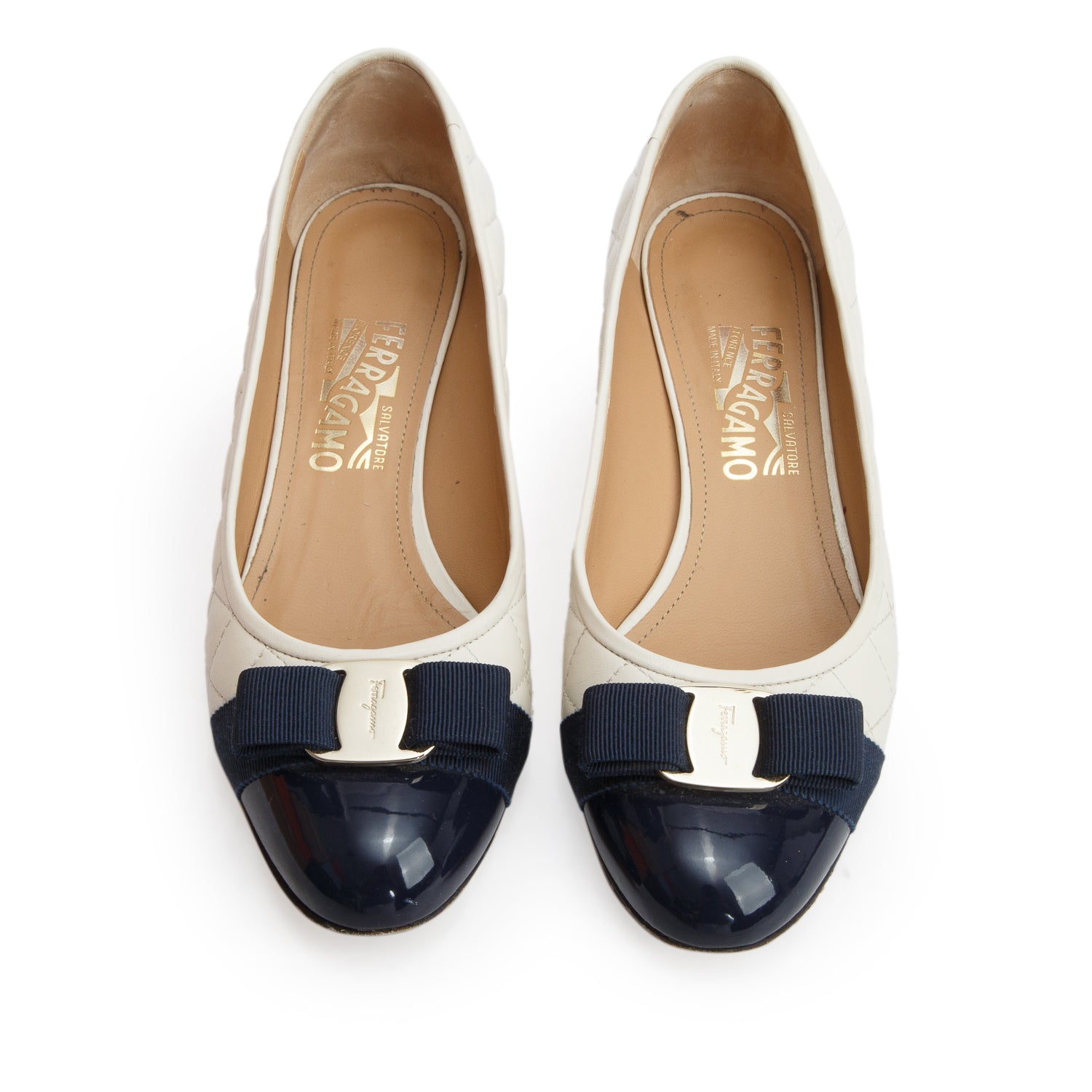 Ferragamo Cream/Navy Lambskin Quilted Vara Pumps, Women's Size 9 w/ Box