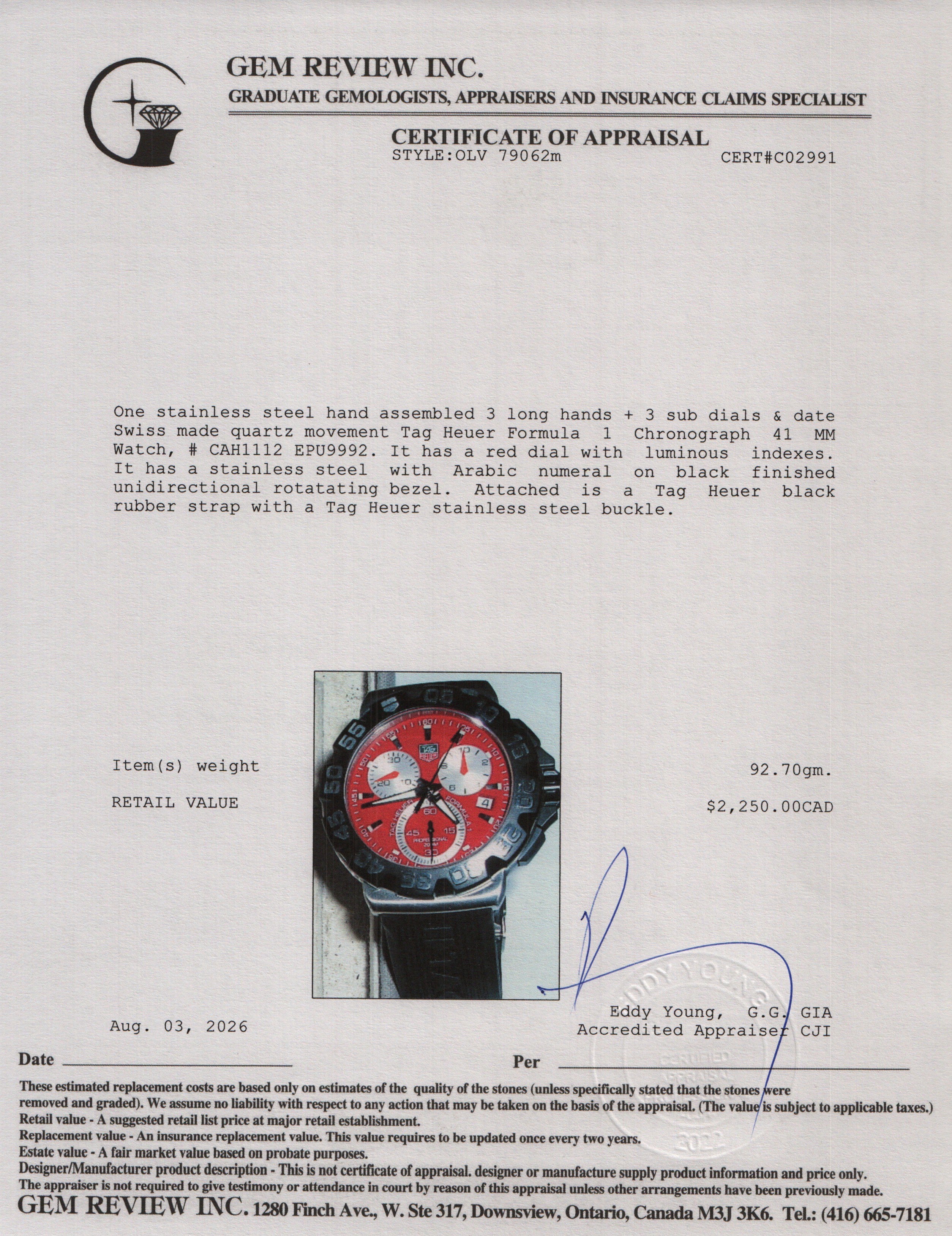 Tag Heuer Stainless Steel Formula 1 Chronograph 41 MM Watch Red Dial CAH1112