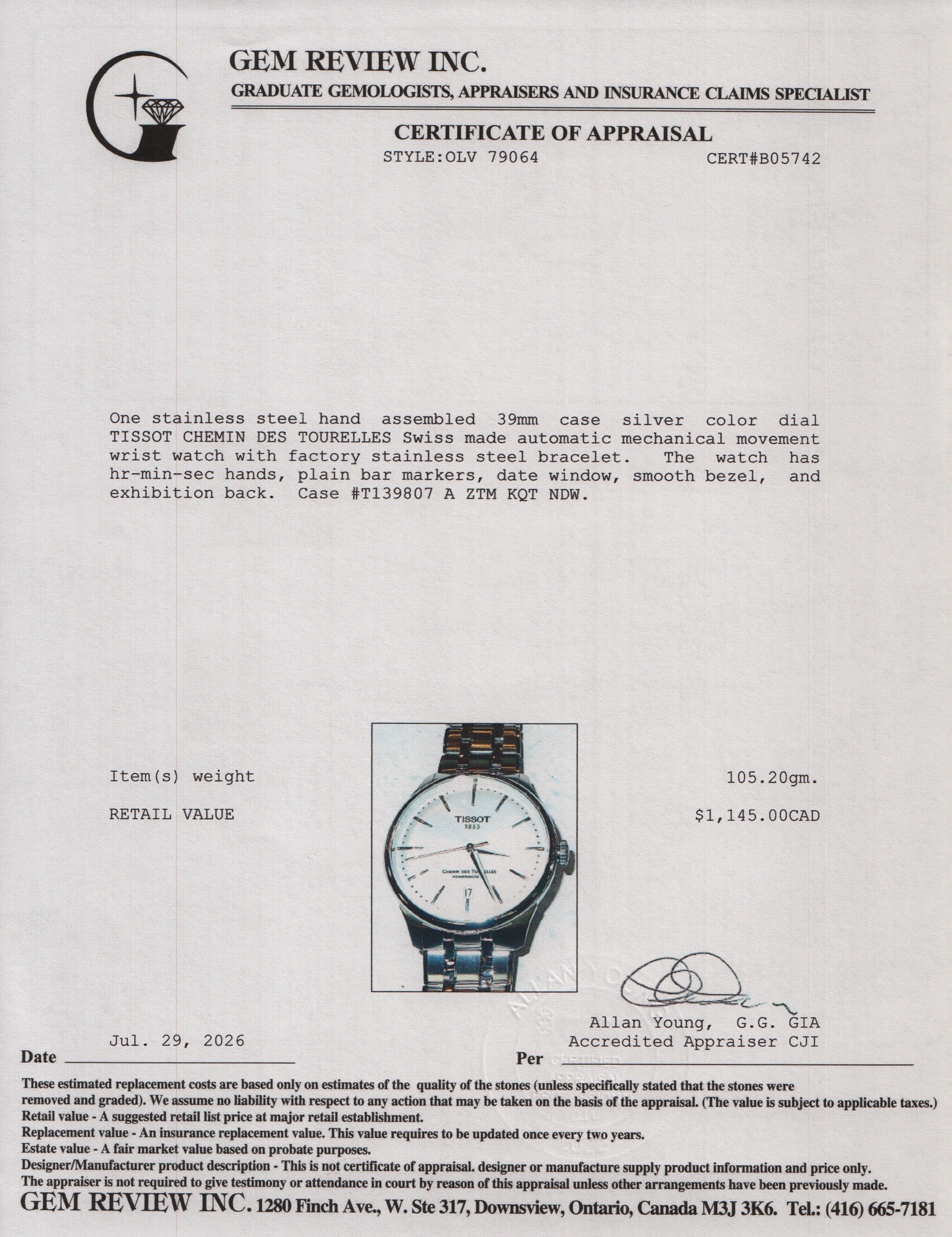 Tissot Stainless Steel Chemin des Tourelles 39 MM Automatic Watch Silver Dial