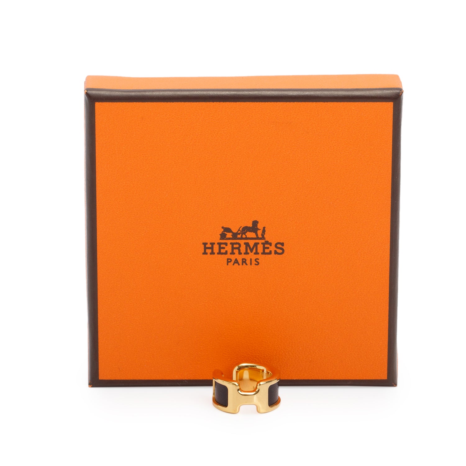 Hermes Gold Plated Black Leather Olympe Ear Cuff, Small Model w/ Box