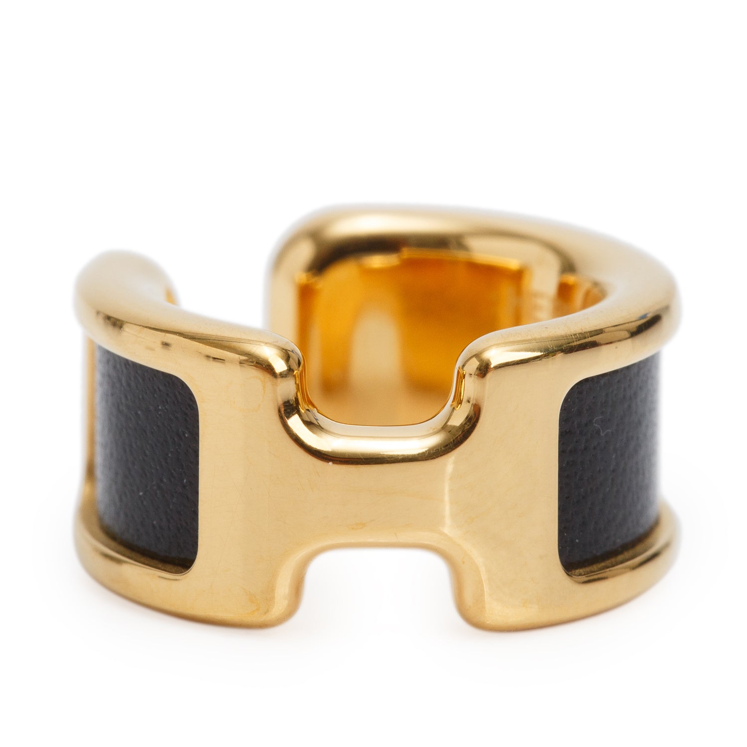 Hermes Gold Plated Black Leather Olympe Ear Cuff, Small Model w/ Box