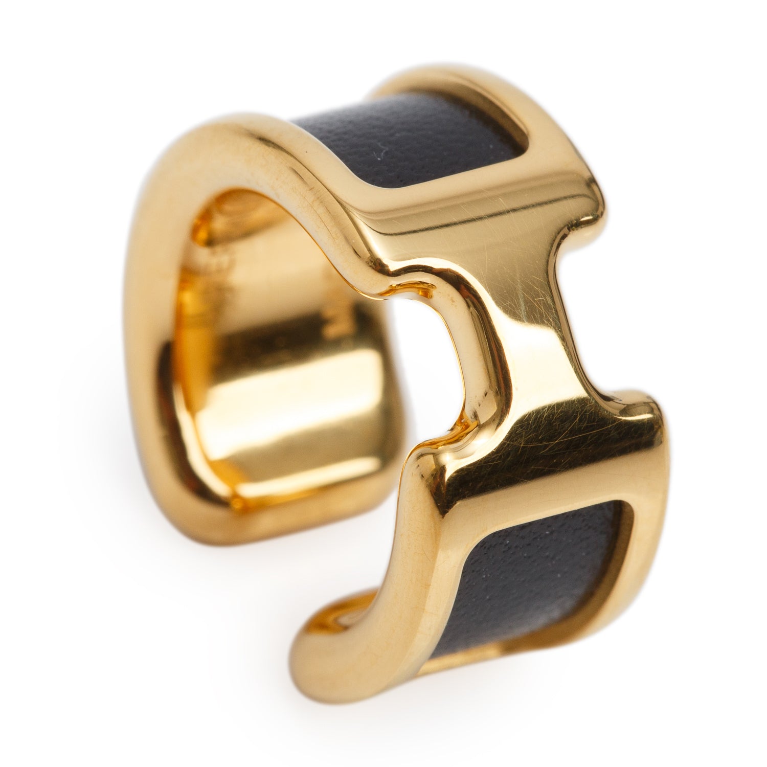 Hermes Gold Plated Black Leather Olympe Ear Cuff, Small Model w/ Box