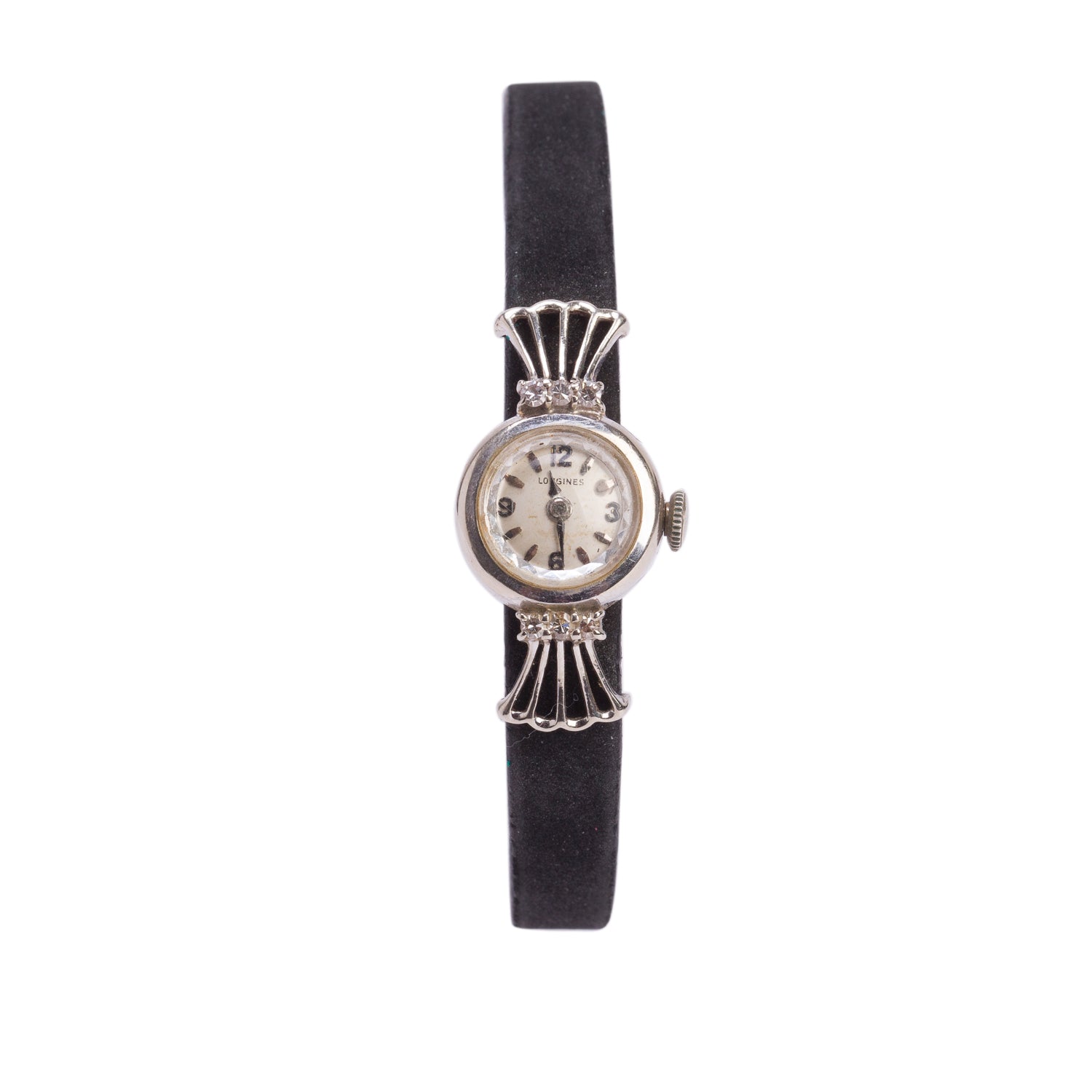Longines Vintage 14k White Gold Diamond Bezel 15 MM Manual Watch Silver Dial