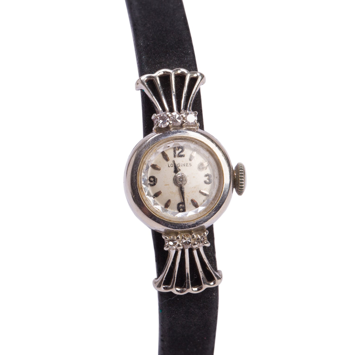Longines Vintage 14k White Gold Diamond Bezel 15 MM Manual Watch Silver Dial