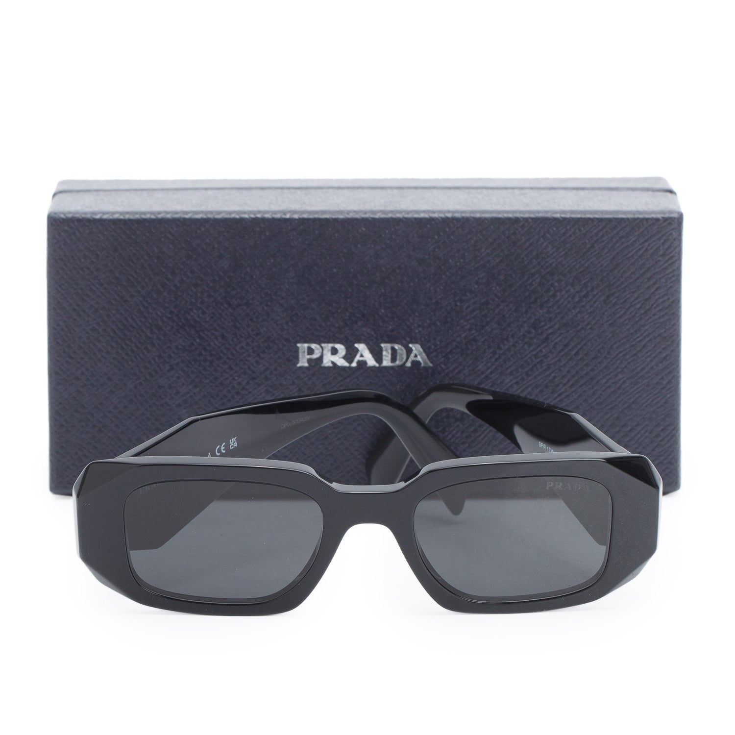 Prada SPR 17W Black Acetate Symbole Rectangular Sunglasses w/ Box & Case