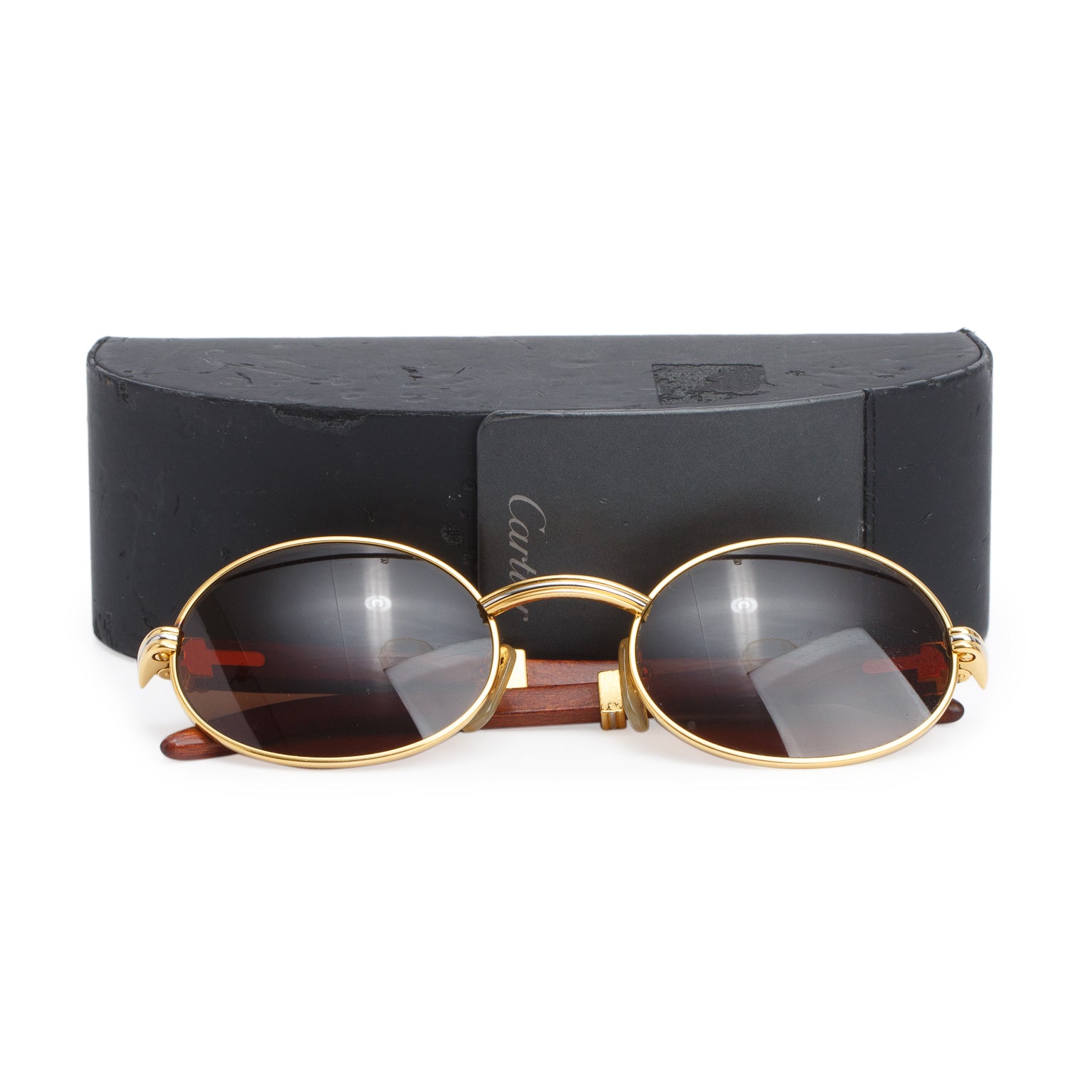 Cartier 135B Brown Gold Plated and Wood Premier De Cartier Oval Sunglasses w/ Case