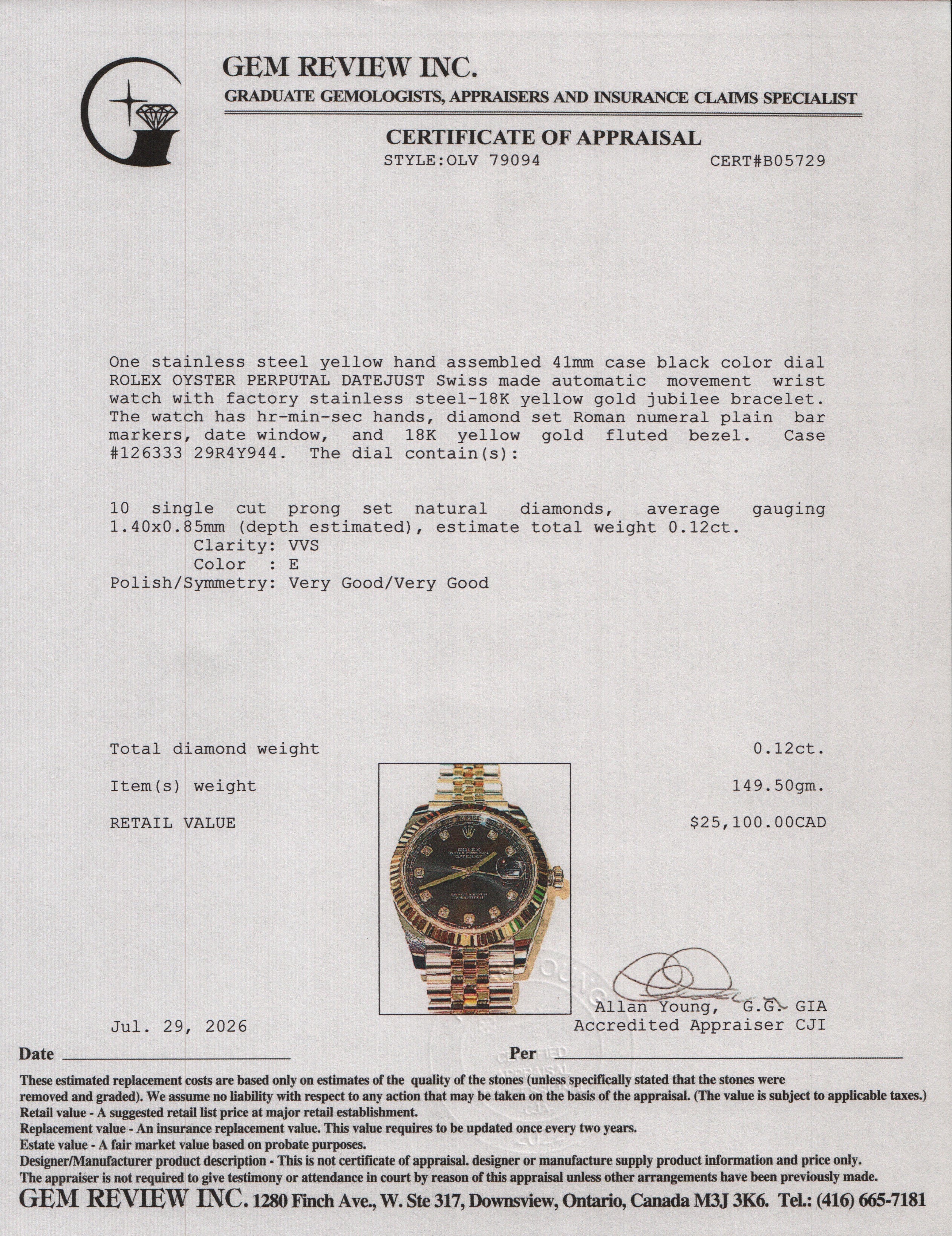 Rolex Stainless Steel & 18k Yellow Gold Datejust 41 MM Automatic Watch Black Diamond Dial 126333