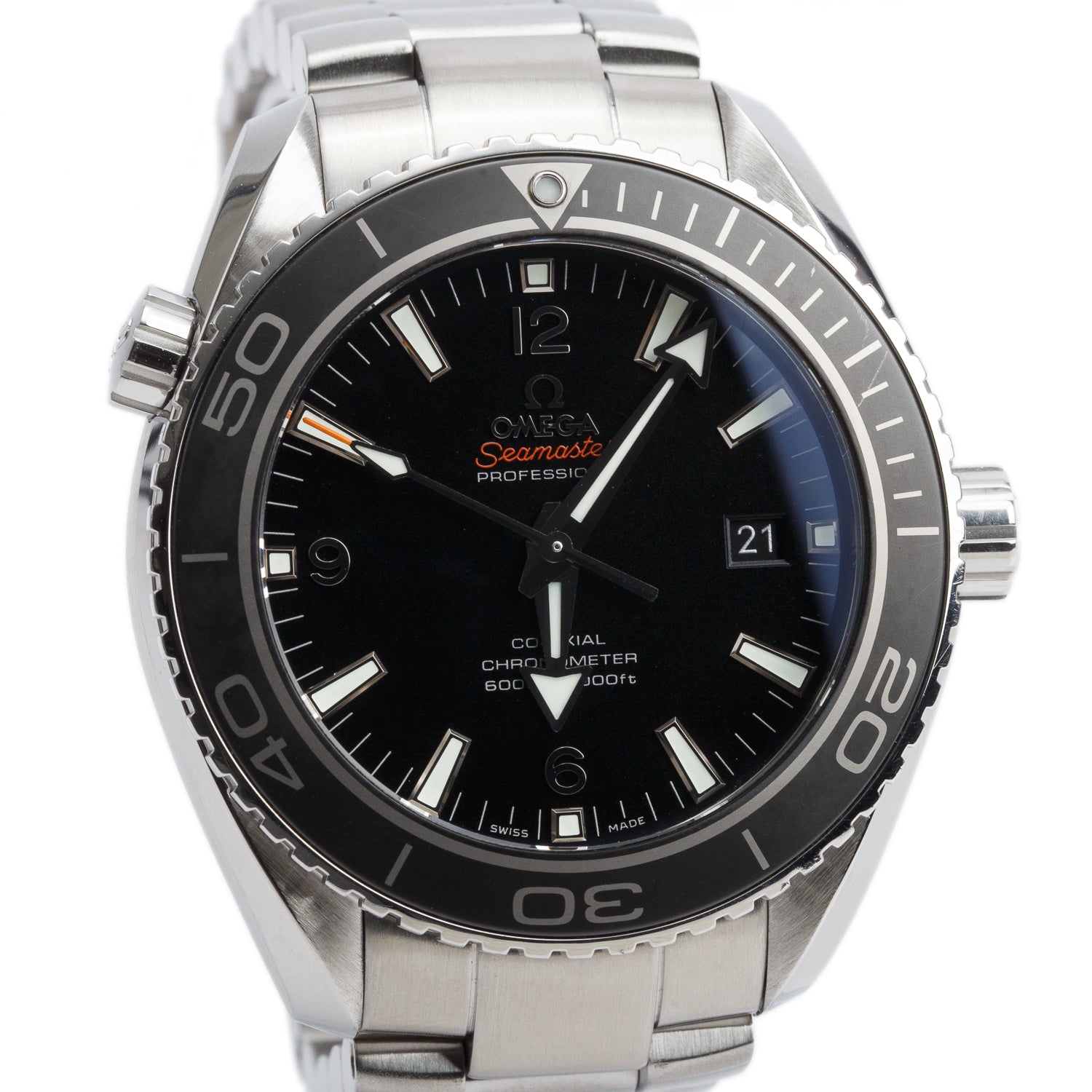 Omega Stainless Steel Seamaster Planet Ocean Co-Axial Chronometer 45.5 MM Automatic Watch Black Dial w/ Box & Papers