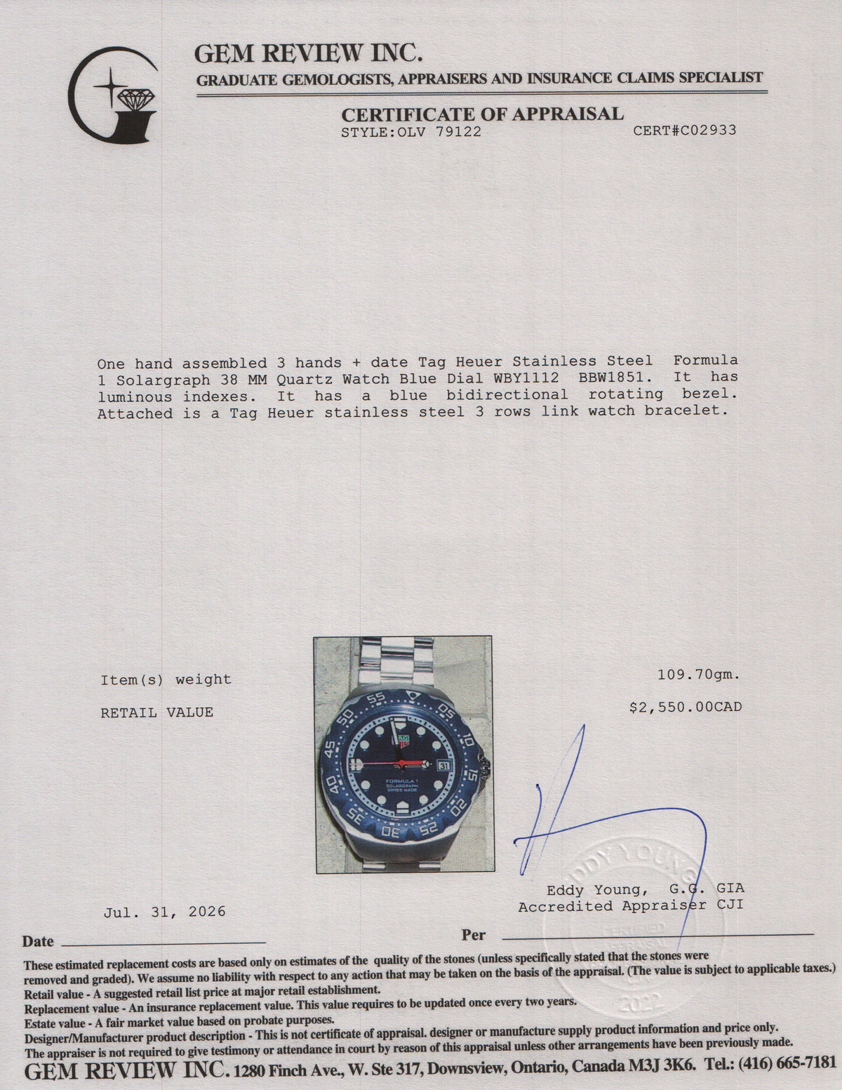 Tag Heuer Stainless Steel Formula 1 Solargraph 38 MM Quartz Watch Blue Dial WBY1112 w/ Box & Papers