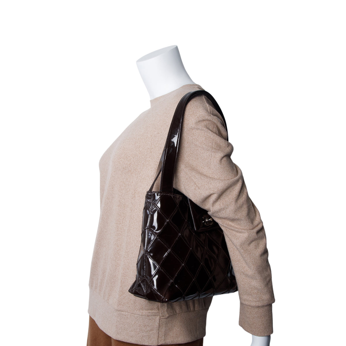 Chanel Brown Patent Leather Diamond Quilted Shopper Tote w/ Pouch