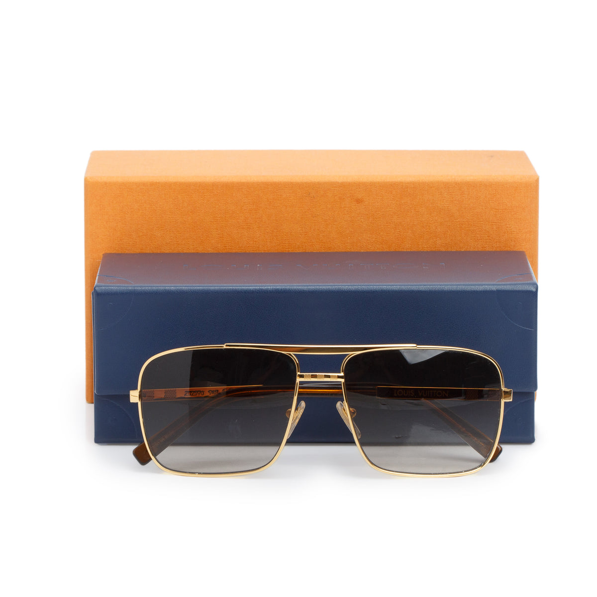 Louis Vuitton 2022 Z0259U Gold-Tone Damier Attitude Aviator Square Sunglasses w/ Box & Case