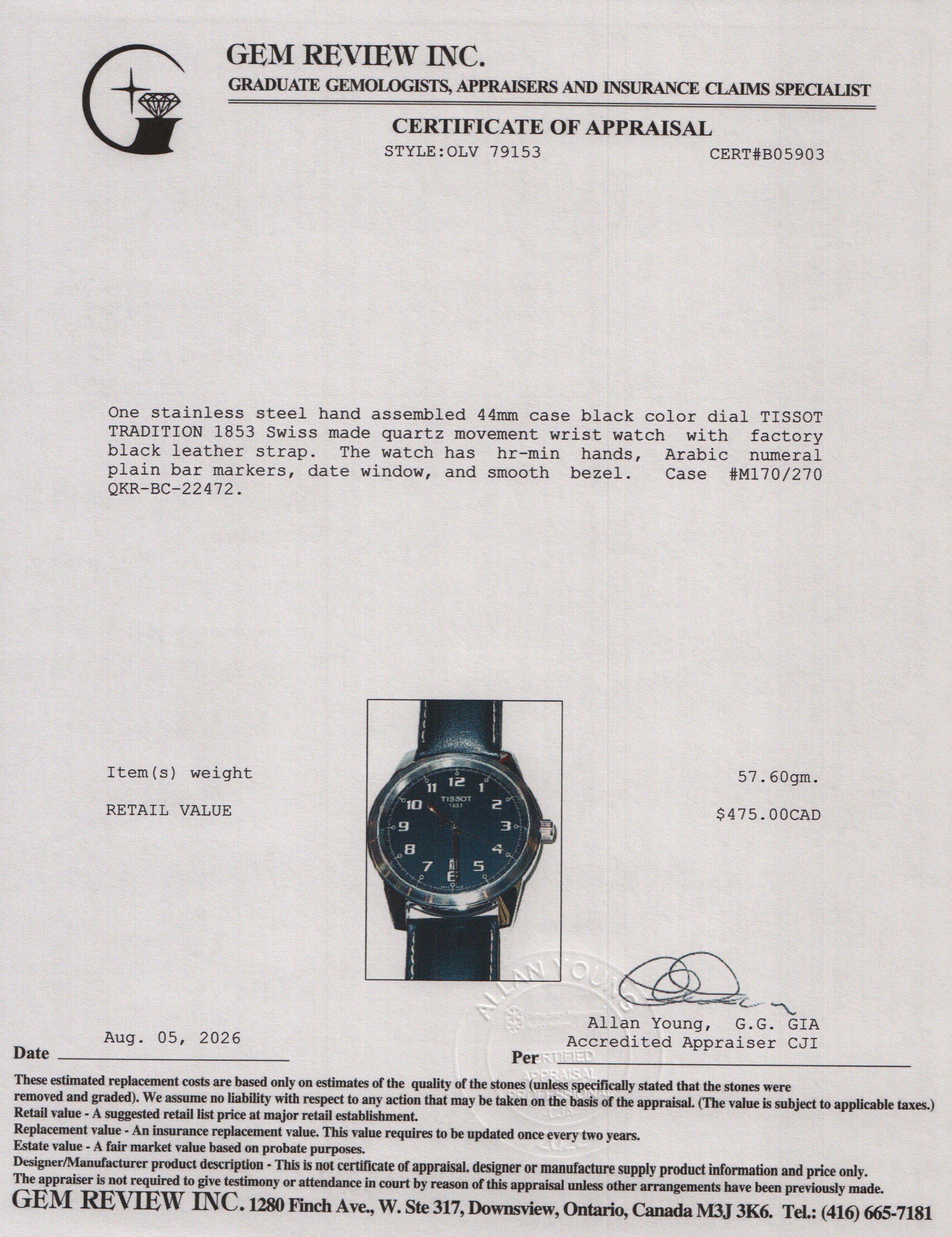 Tissot Stainless Steel Tradition 44 MM Quartz Watch Black Dial
