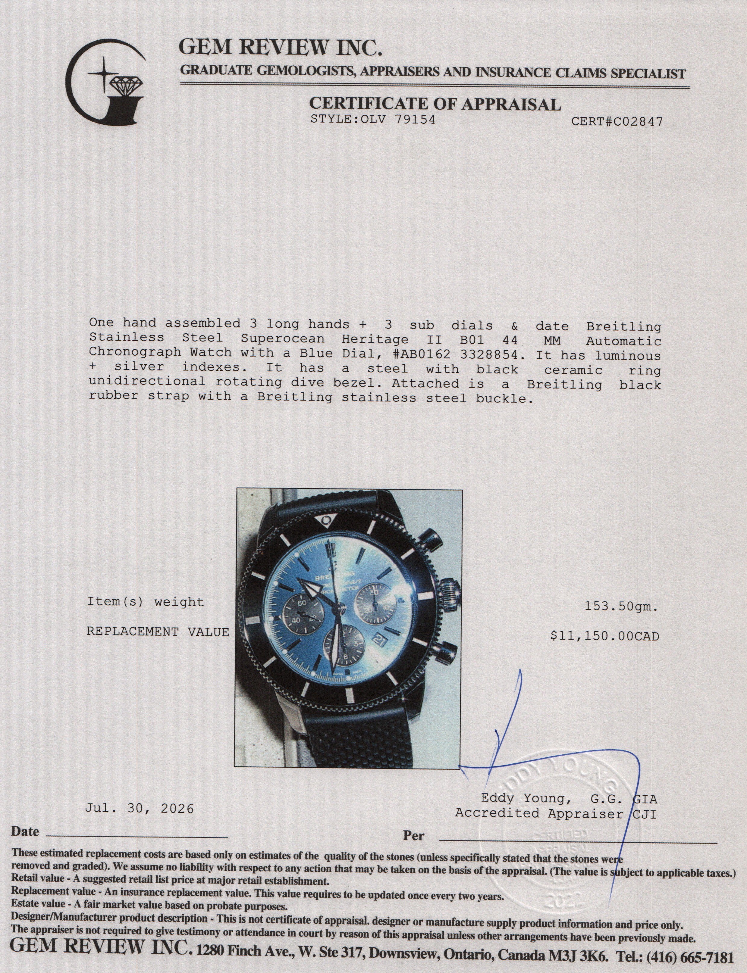 Breitling Stainless Steel Superocean Heritage II B01 44 MM Automatic Chronograph Watch Blue Dial AB0162 w/ Box & Papers
