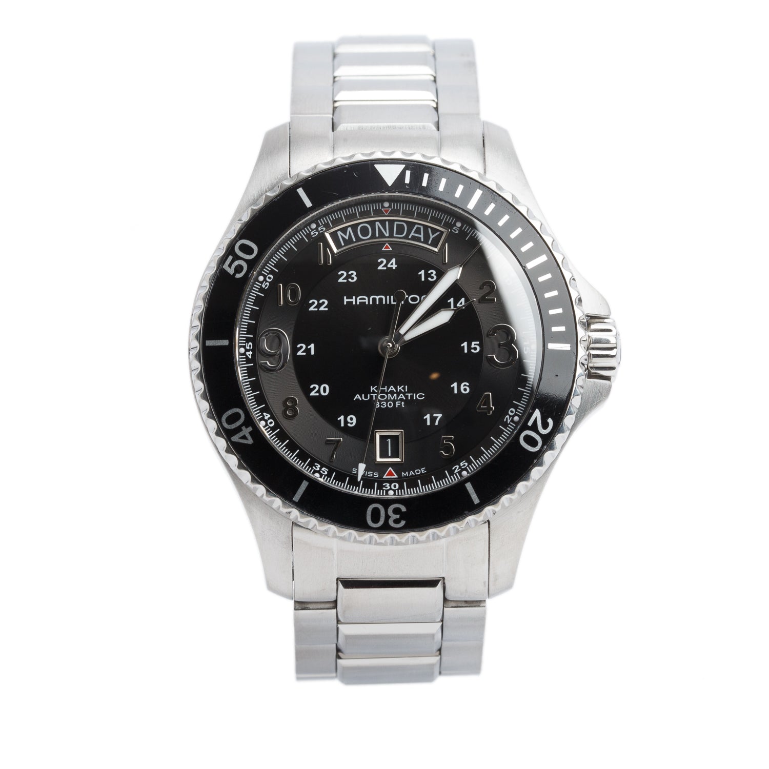 Hamilton Stainless Steel Day-Date Khaki Navy Scuba 40 MM Automatic Watch Black Dial H645150 w/ Box & Papers
