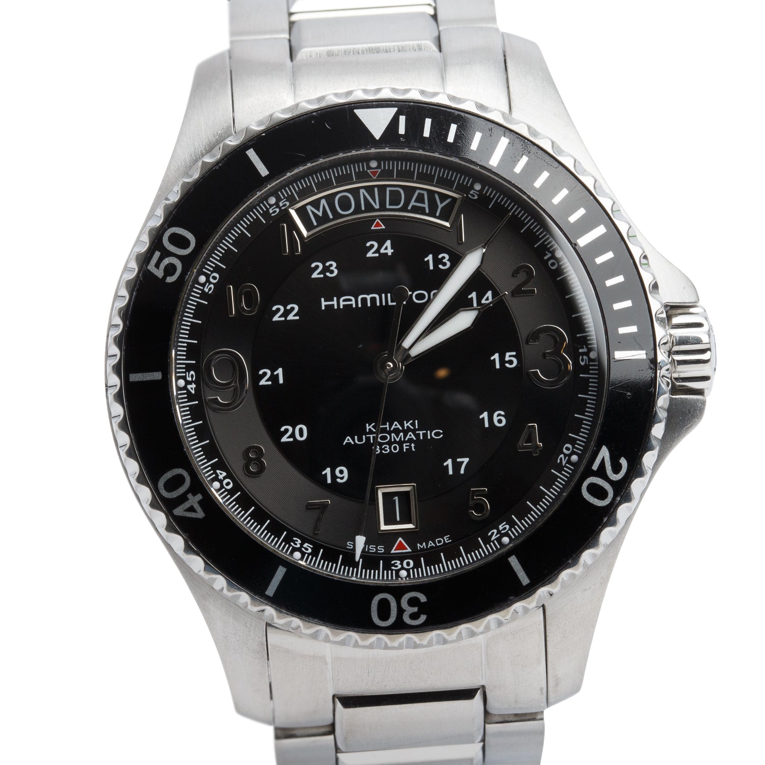 Hamilton Stainless Steel Day-Date Khaki Navy Scuba 40 MM Automatic Watch Black Dial H645150 w/ Box & Papers