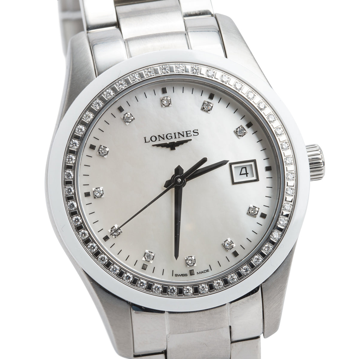 Longines 2024 Stainless Steel Diamond Bezel Conquest Classic 36 MM Quartz Watch Mother of Pearl Diamond Dial w/ Box & Papers