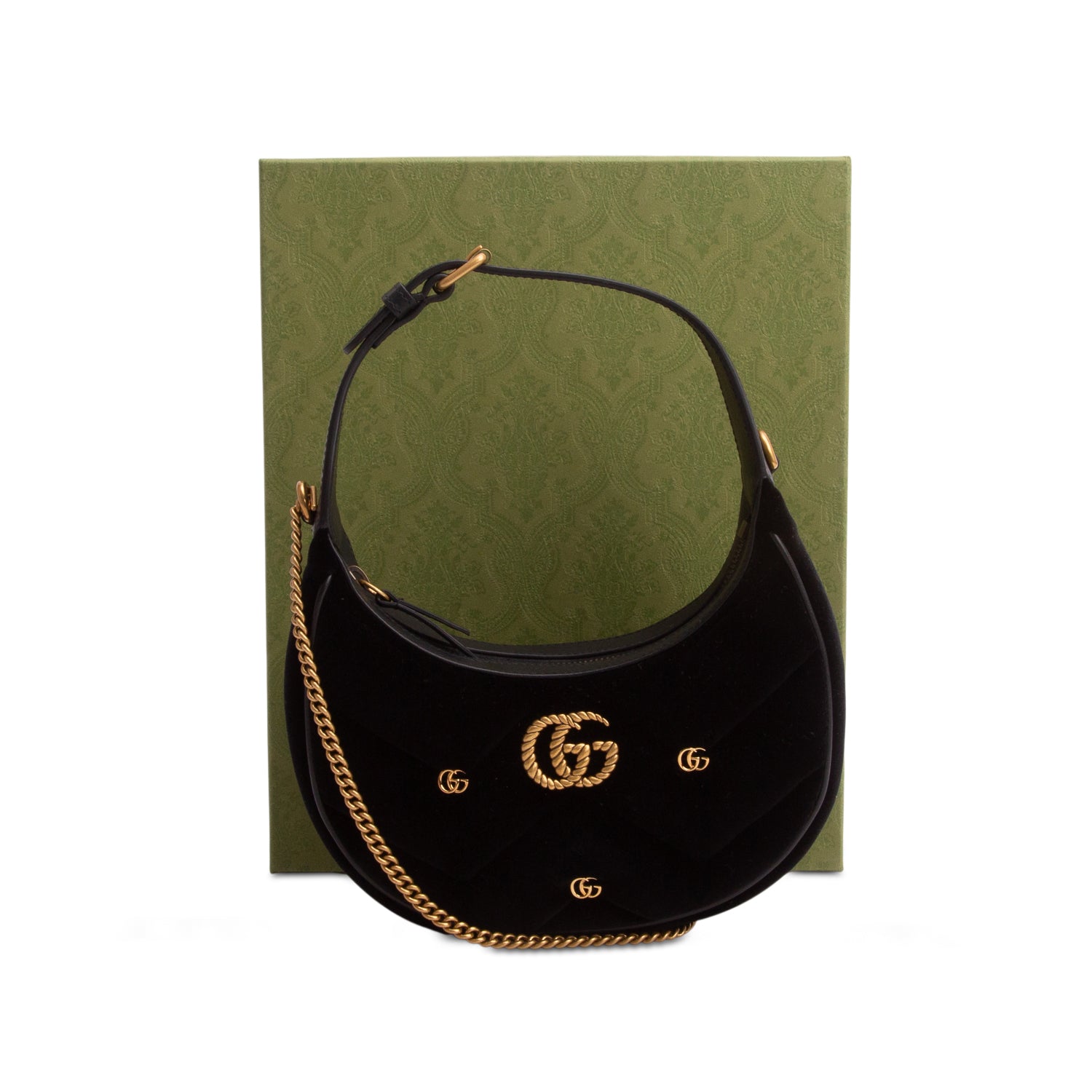 Gucci Black Velvet Matelasse Chevron Mini Torchon GG Marmont Half Moon Hobo w/ Box & Strap