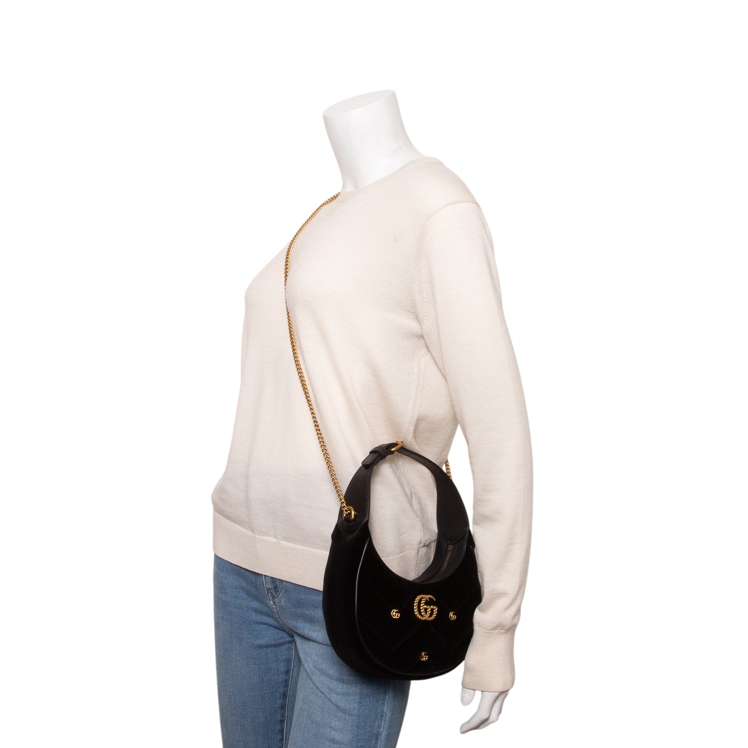 Gucci Black Velvet Matelasse Chevron Mini Torchon GG Marmont Half Moon Hobo w/ Box & Strap