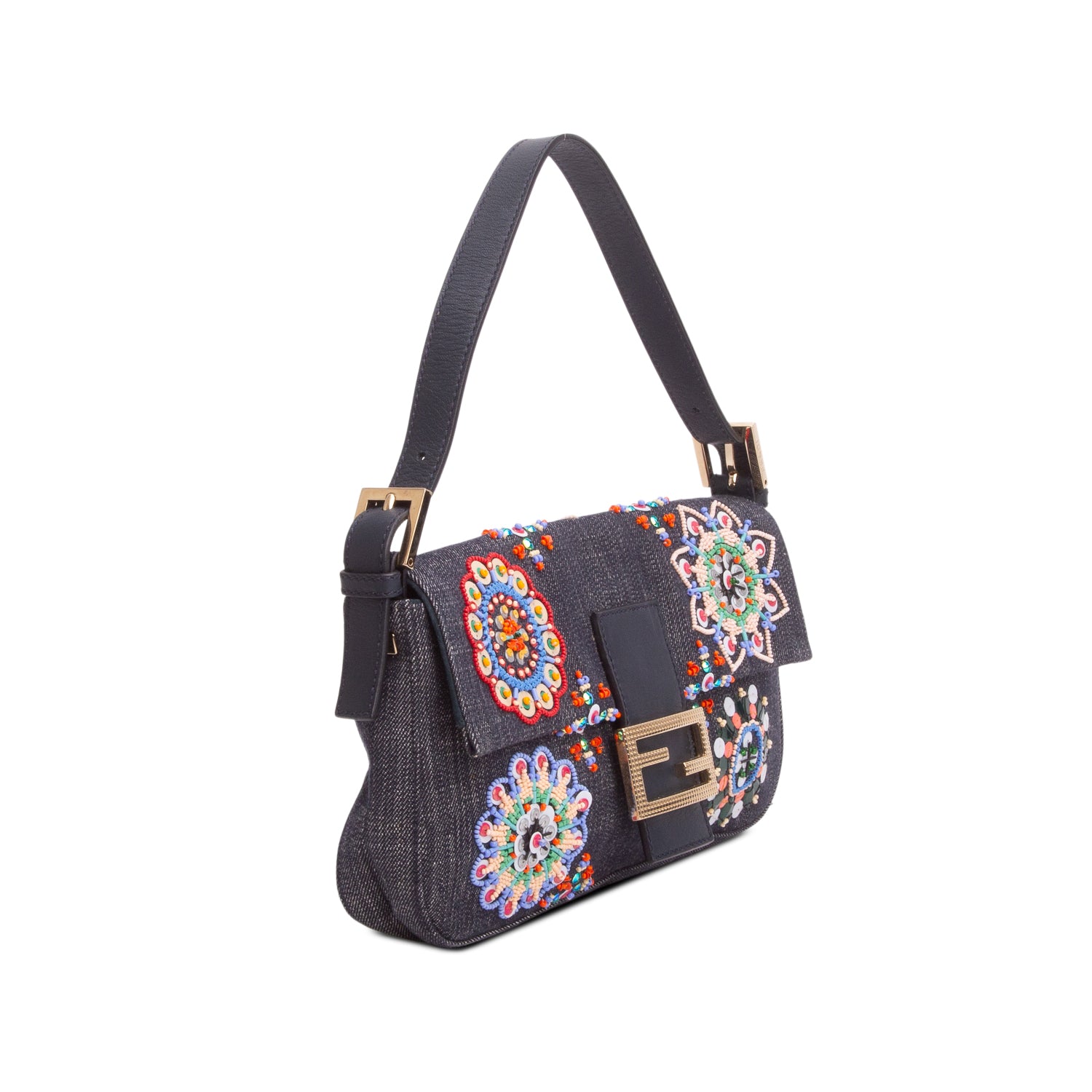 Fendi Blue Denim Beaded Embroidered Baguette