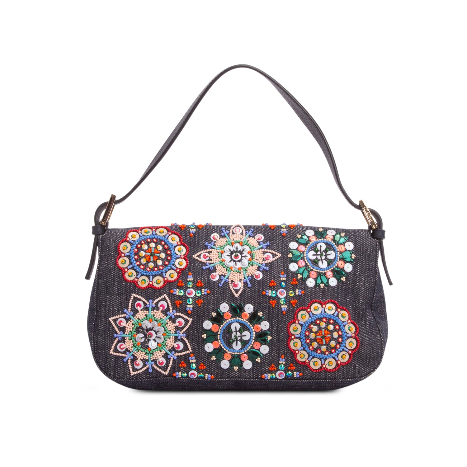 Fendi Blue Denim Beaded Embroidered Baguette