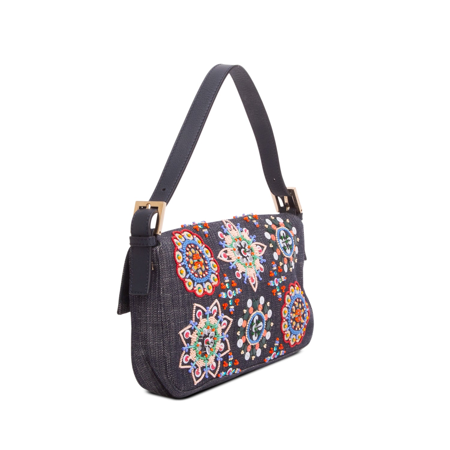 Fendi Blue Denim Beaded Embroidered Baguette