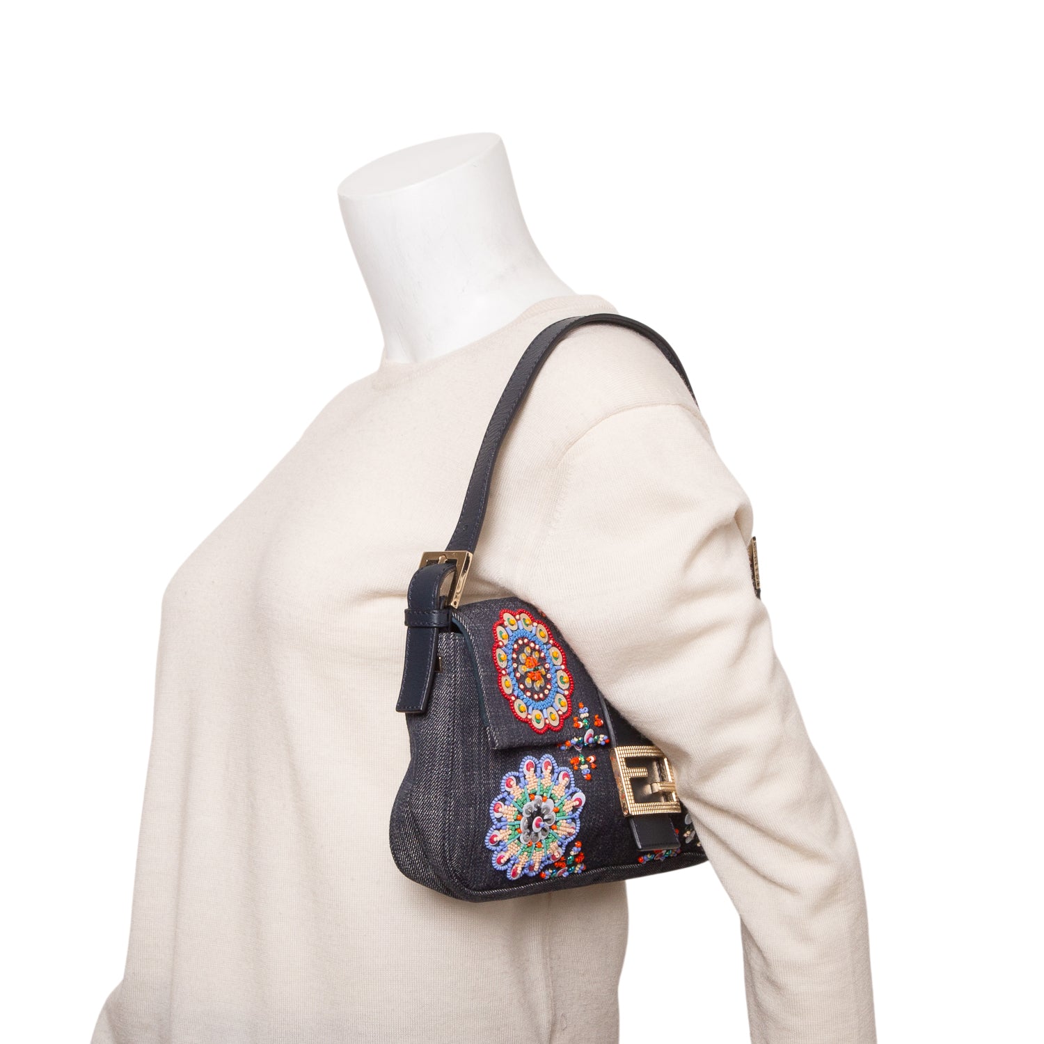 Fendi Blue Denim Beaded Embroidered Baguette