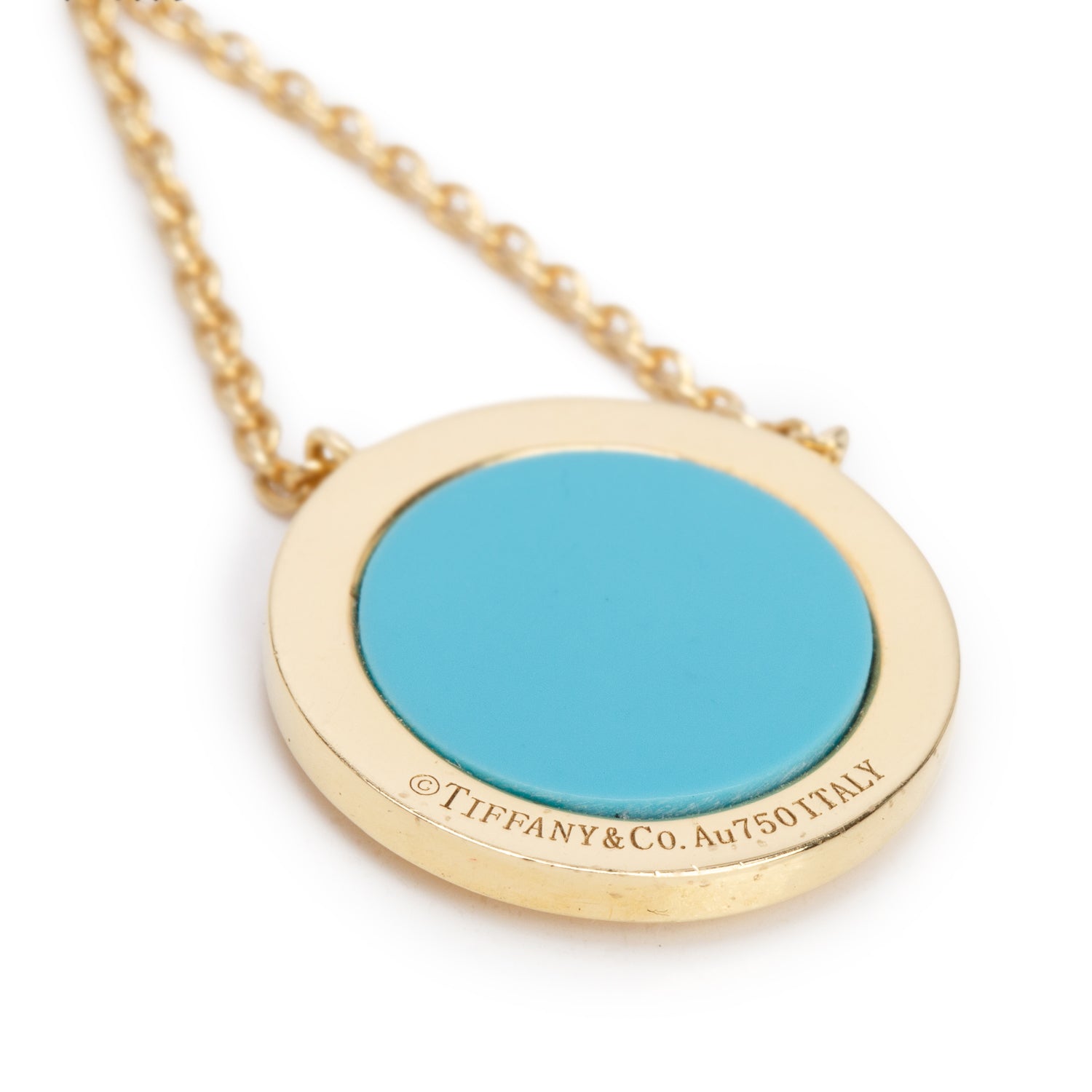 Tiffany & Co. 18k Yellow Gold Diamond & Turquoise 16 MM T Circle Pendant Necklace w/ Box