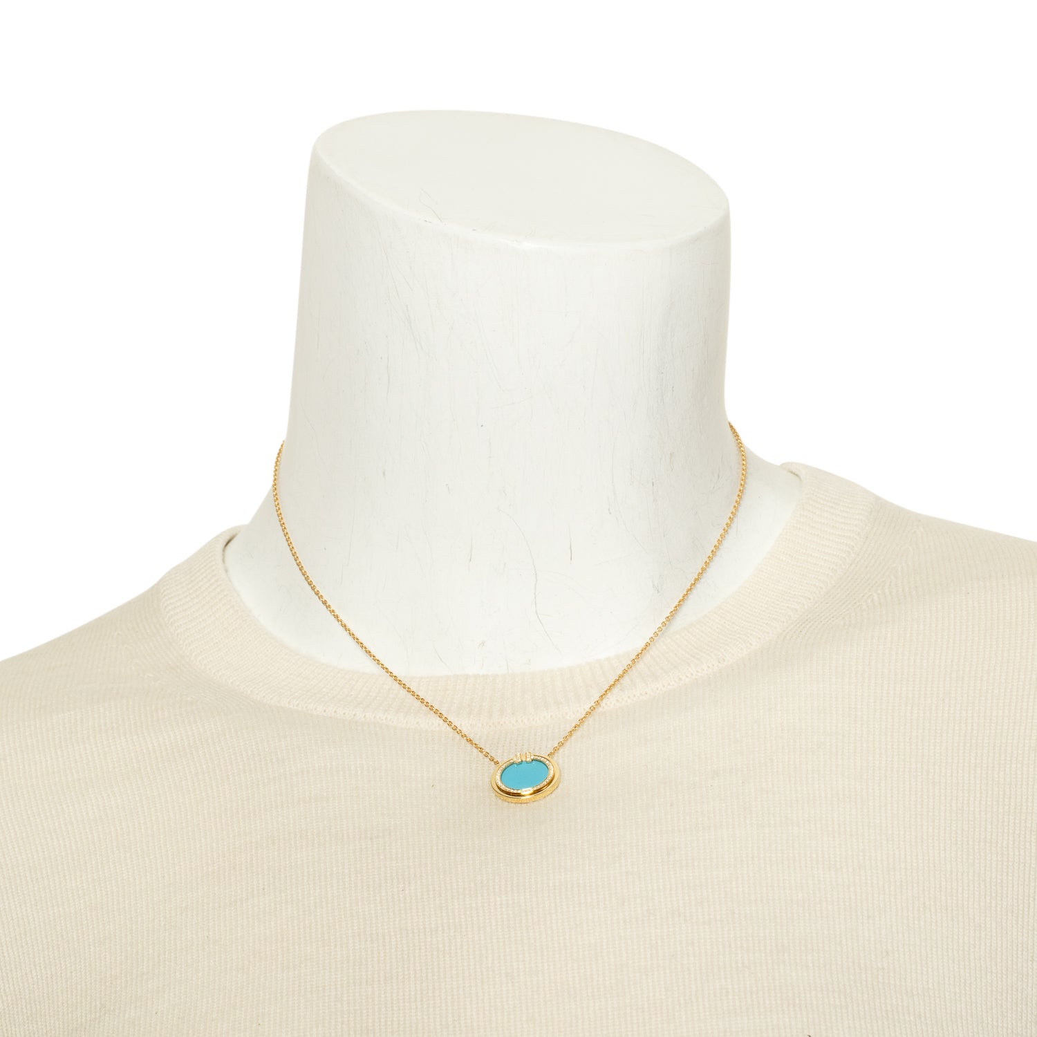 Tiffany & Co. 18k Yellow Gold Diamond & Turquoise 16 MM T Circle Pendant Necklace w/ Box