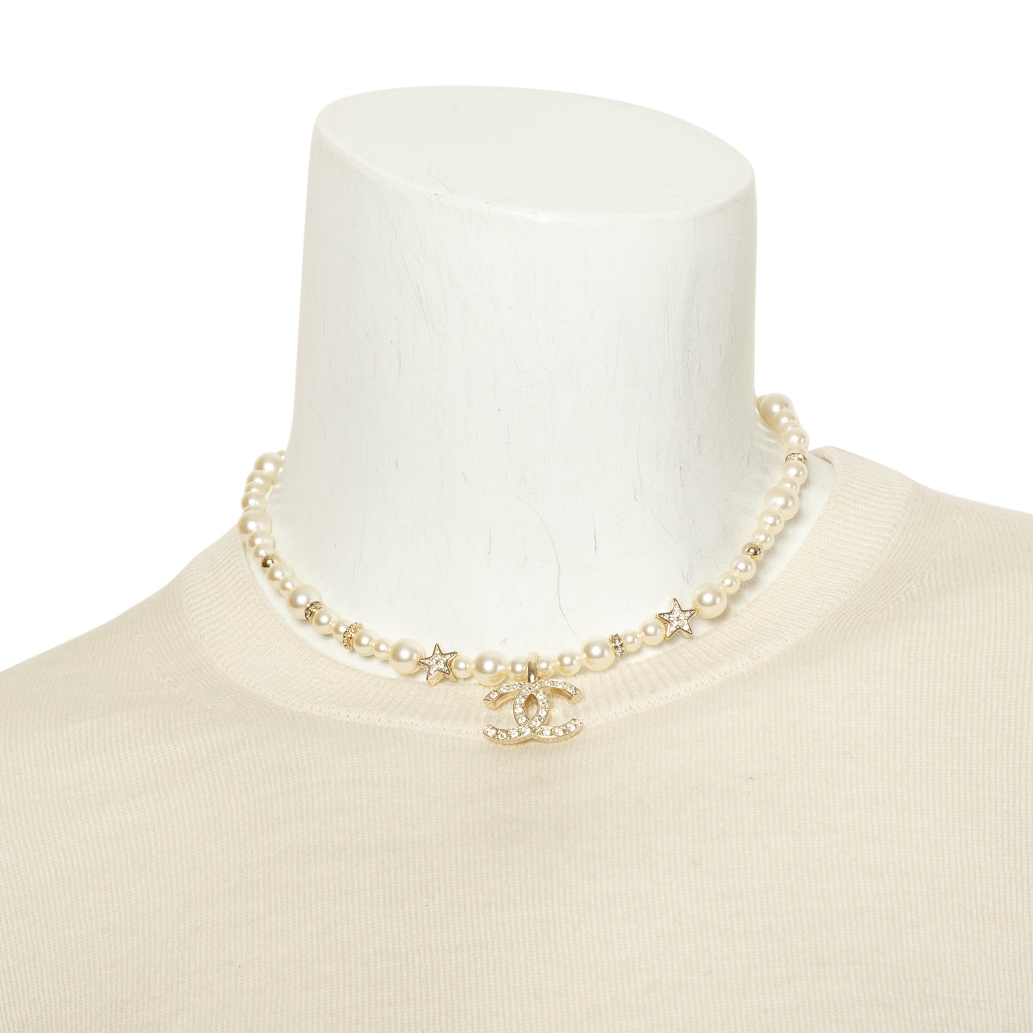 Chanel Faux Pearl Crystal CC Star Choker Necklace w/ Box