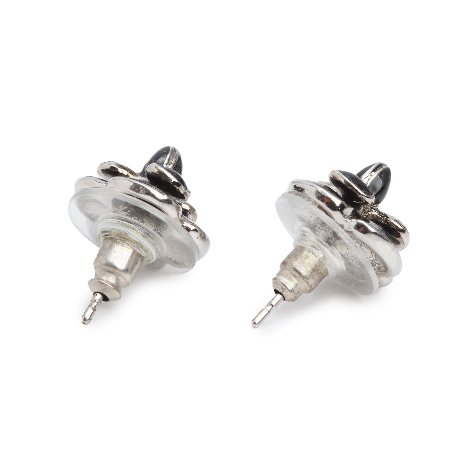 Chanel Black Enamel CC Camellia Earrings w/ Box