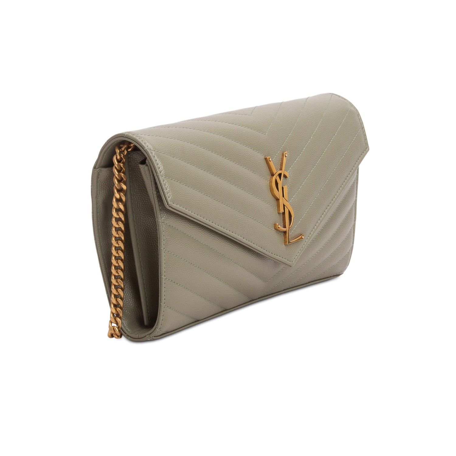 Saint Laurent 2022 Green Grain De Poudre Chevron Cassandre Envelope Chain Wallet