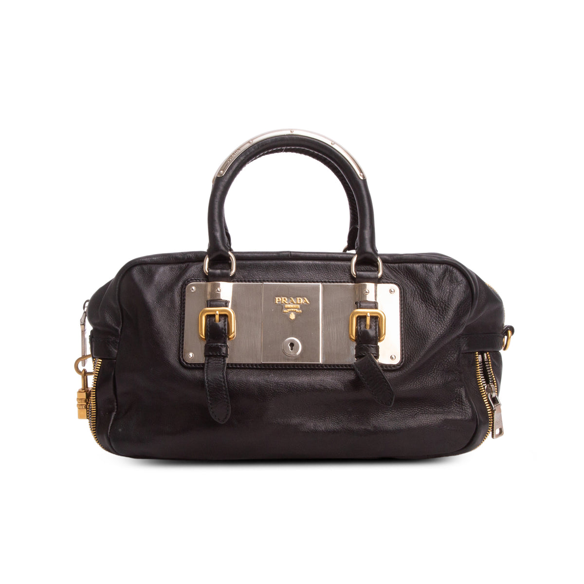 Prada Black Glace Calf Zippers Bauletto w/ Strap