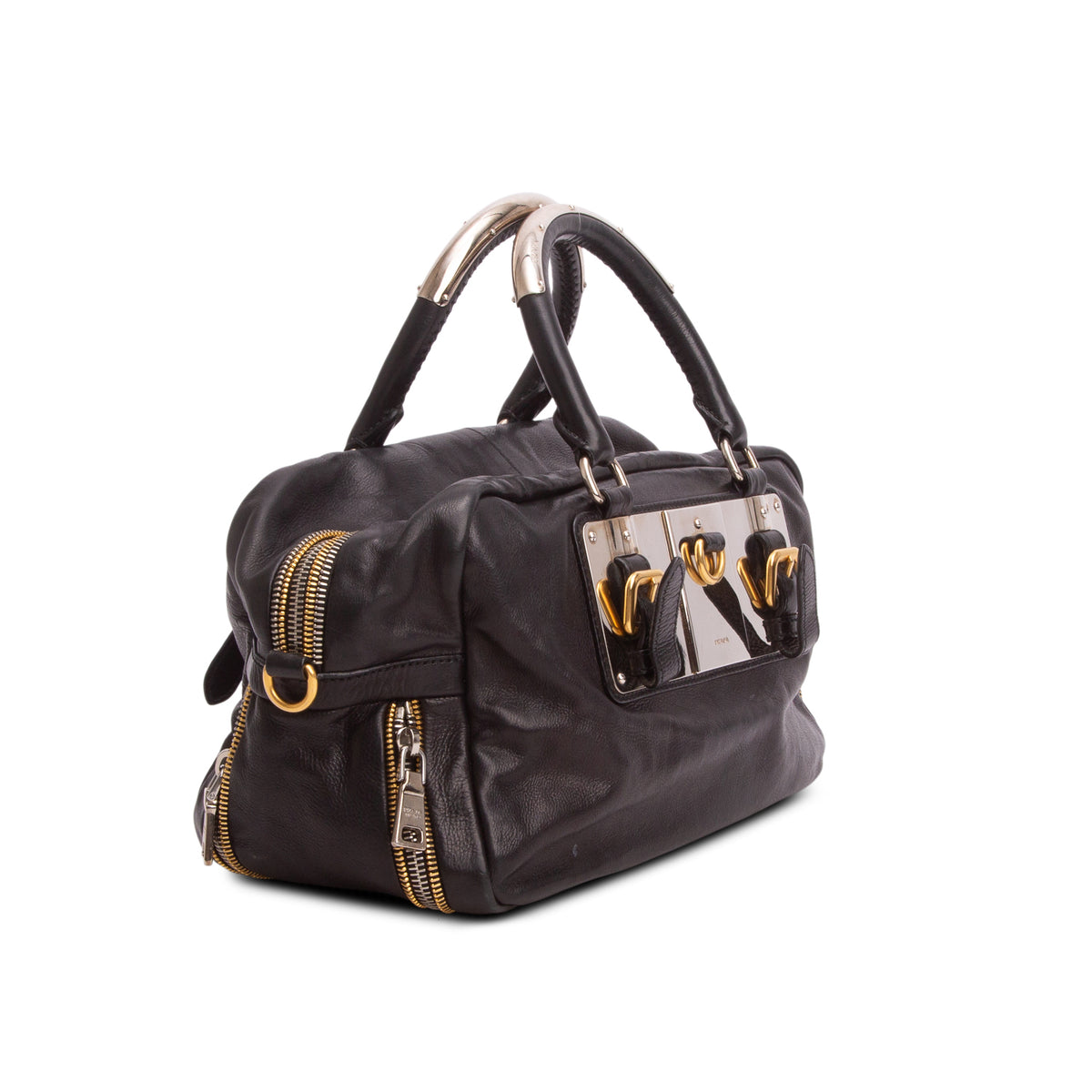 Prada Black Glace Calf Zippers Bauletto w/ Strap