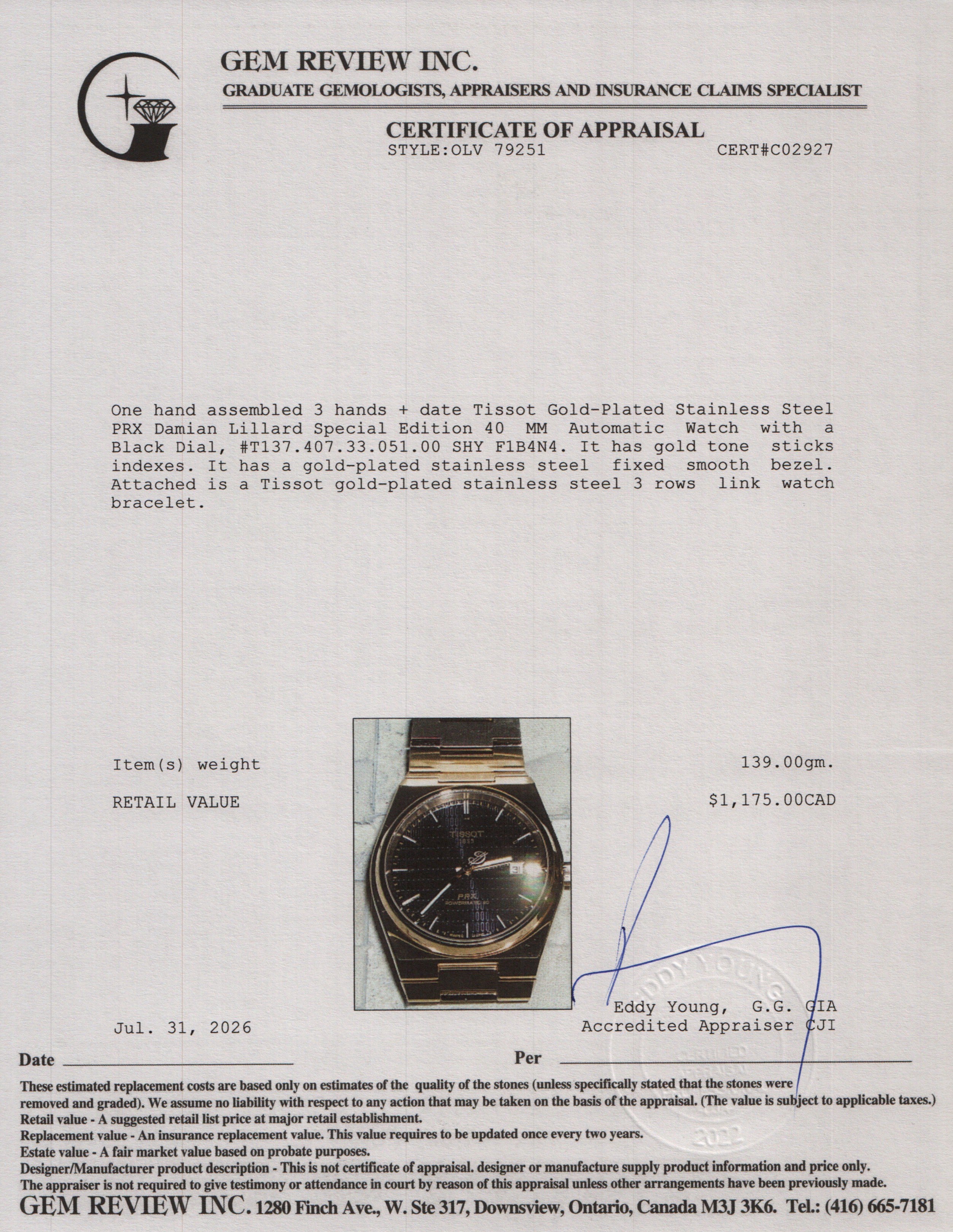 Tissot Gold-Plated Stainless Steel PRX Damian Lillard Special Edition 40 MM Automatic Watch Black Dial w/ Box