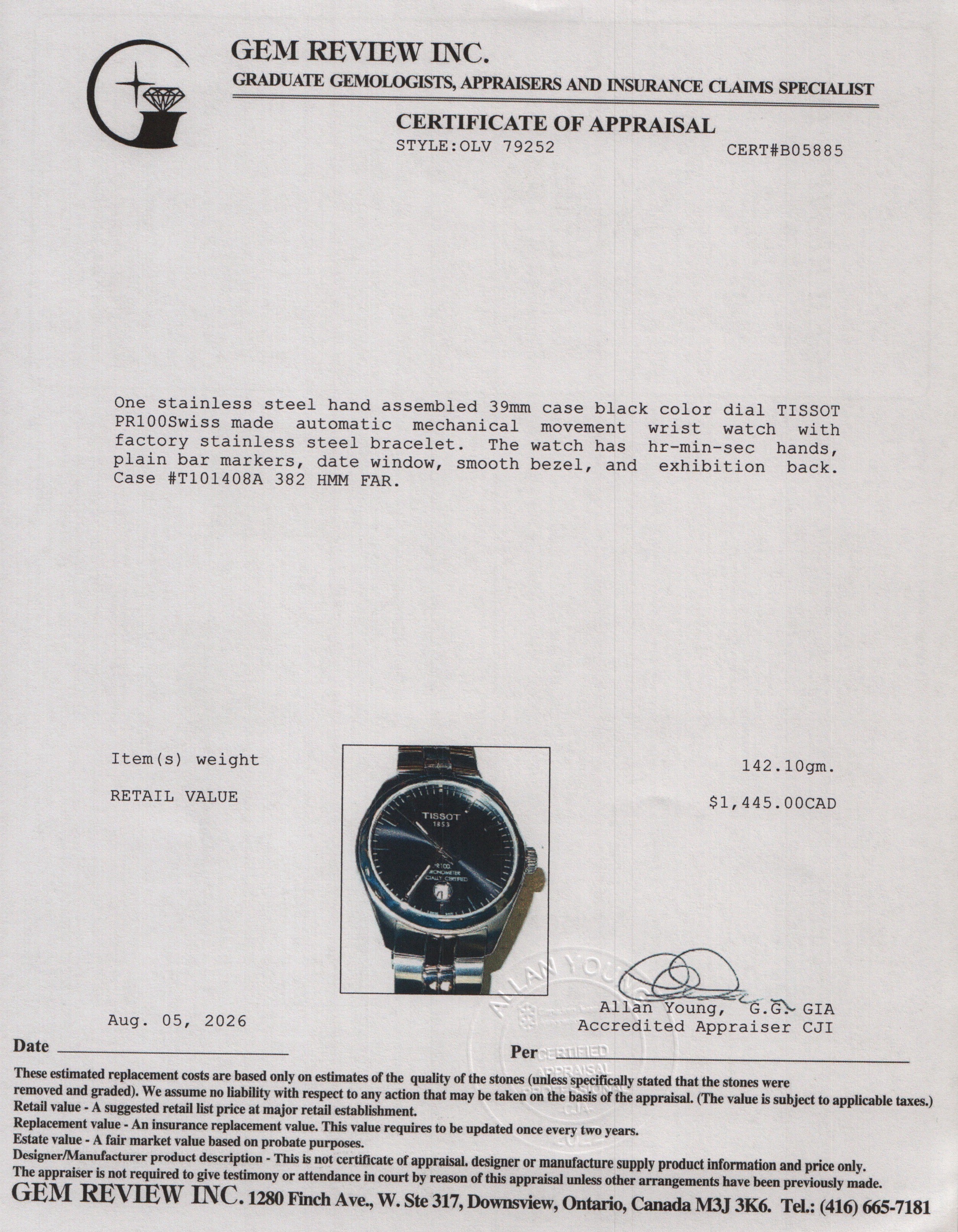 Tissot Stainless Steel PR100 39 MM Automatic Watch Black Dial w/ Box