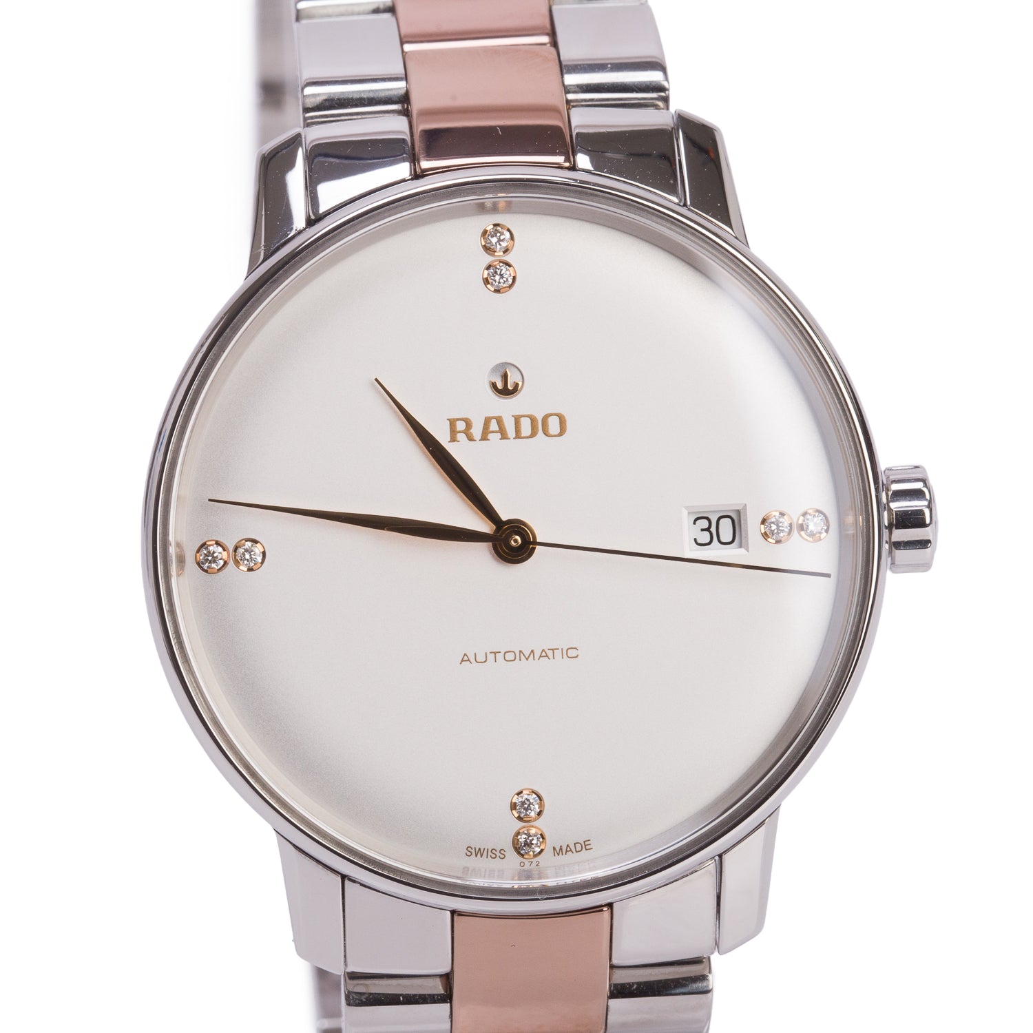 Rado Rose Gold Plated & Stainless Steel Coupole 38 MM Automatic Watch Silver Diamond Dial
