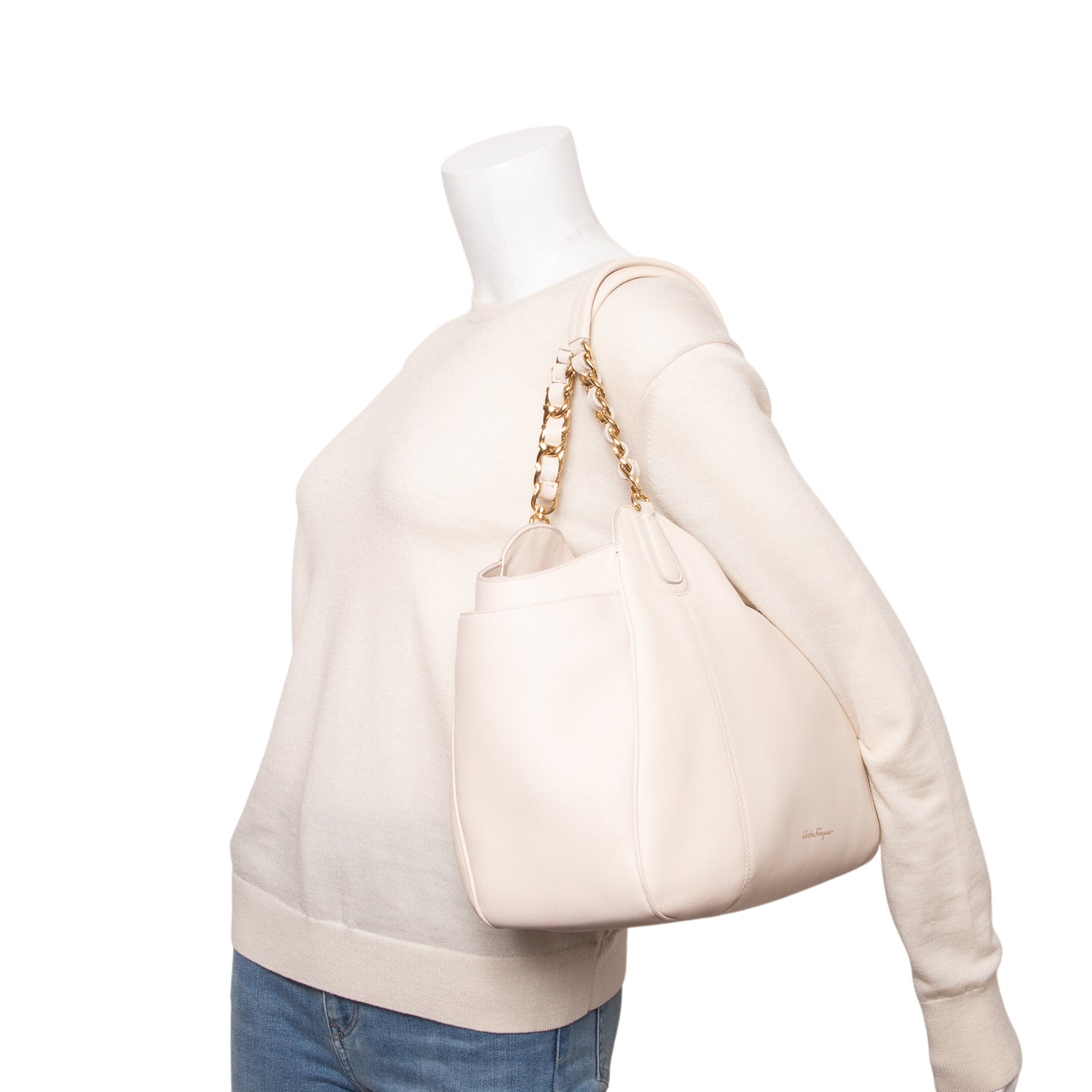 Ferragamo Cream Calfskin Melinda Chain Tote