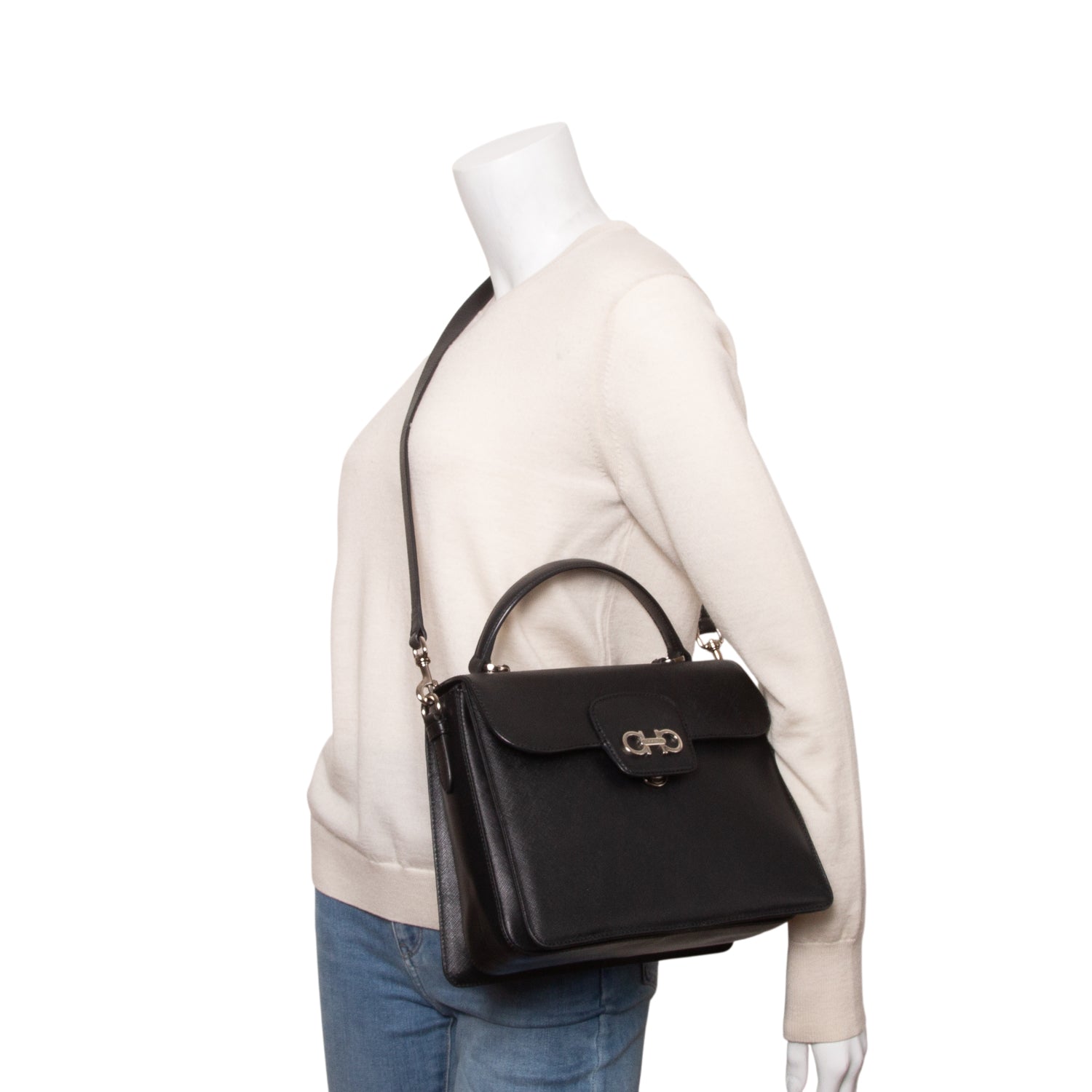 Ferragamo Black Saffiano Leather Gancini Top Handle w/ Strap