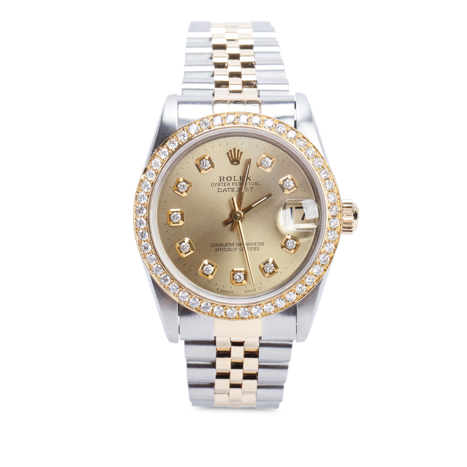Rolex Stainless Steel & 18k Yellow Gold Diamond Bezel Datejust 31 MM Watch Champagne Diamond Dial 68273