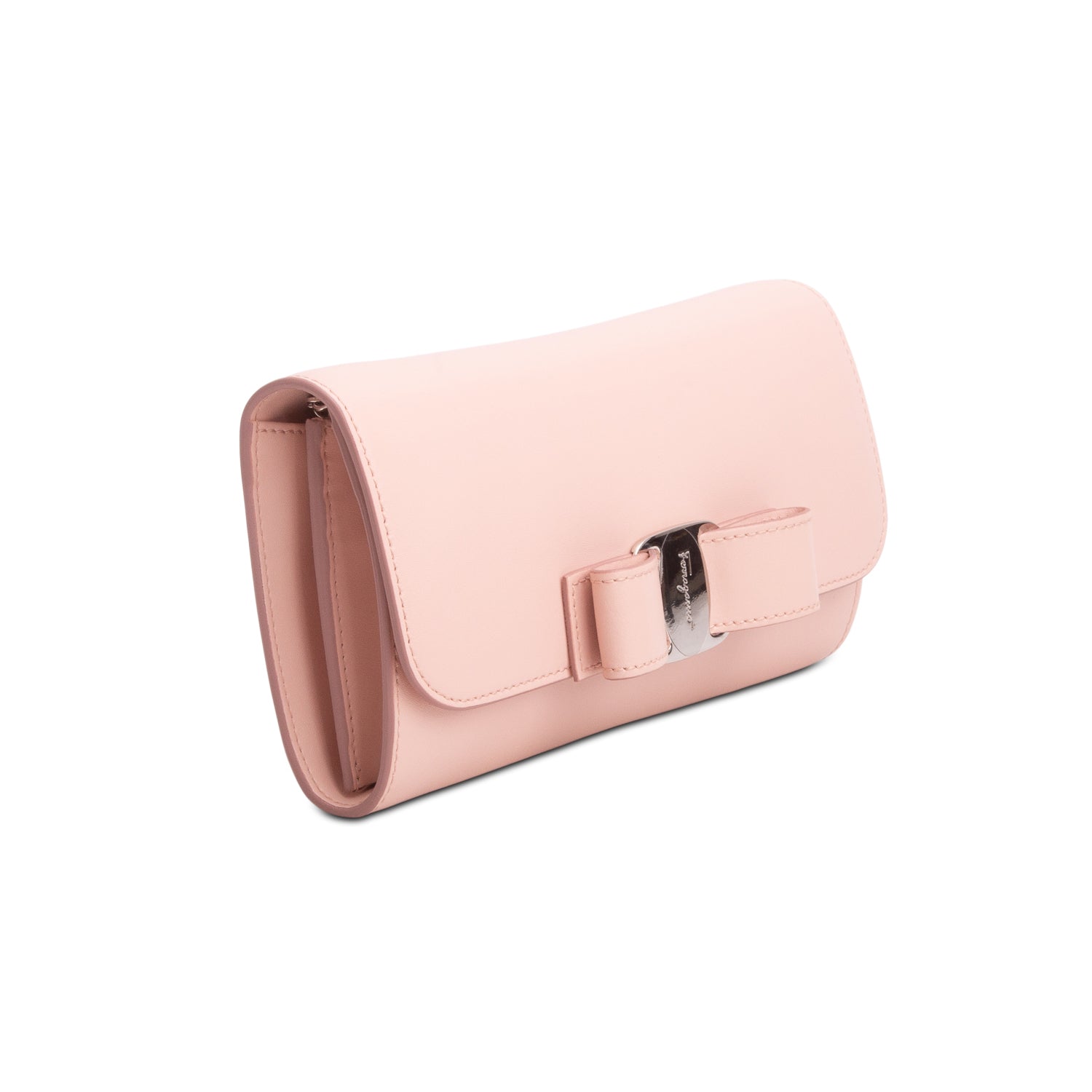 Ferragamo Pink Shiny Calfskin Vara Bow Wallet on Chain w/ Box